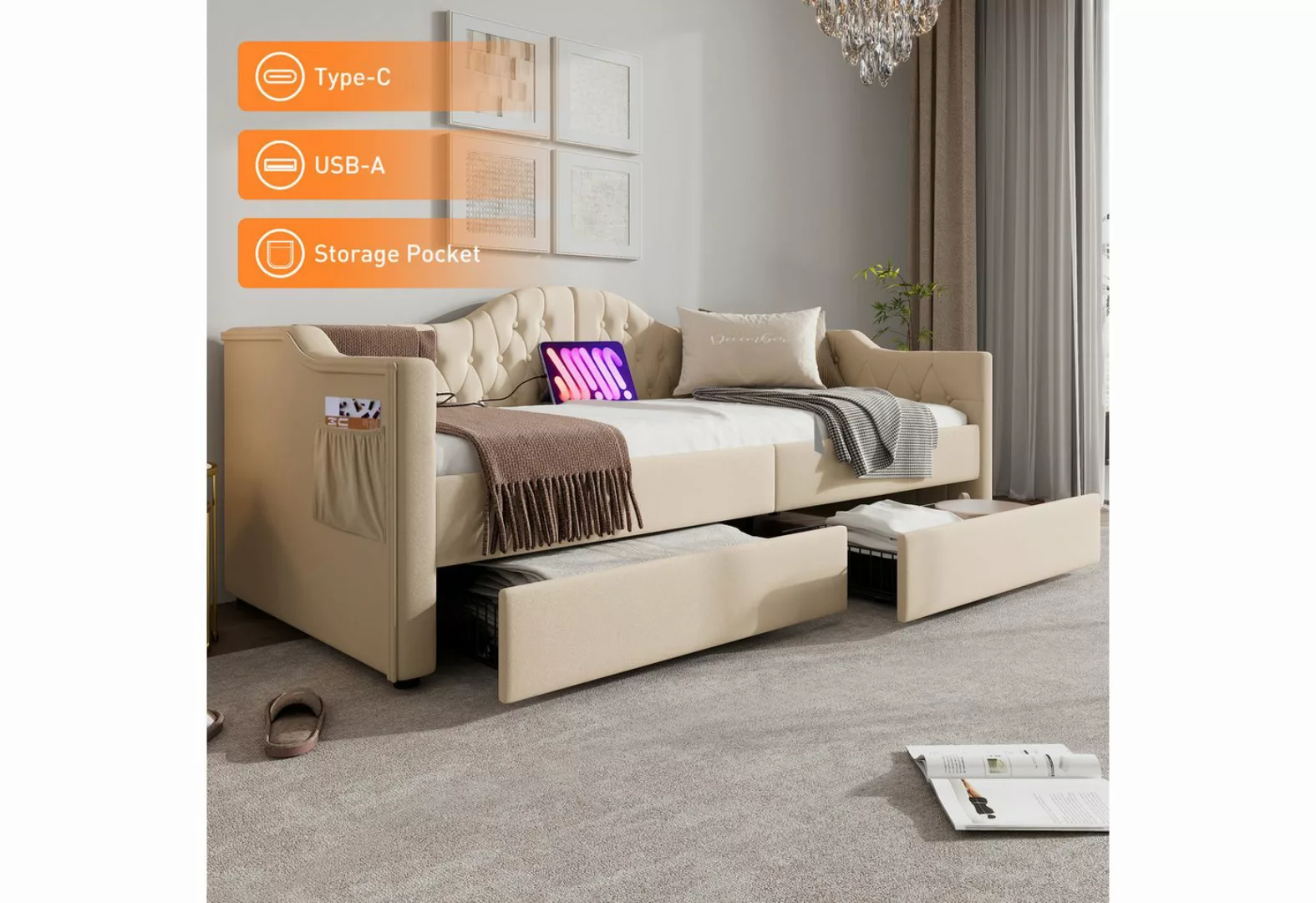 WISHDOR Daybett Tagesbett Schlafsofa (90x190cm), mit USB Type C Ladefunktio günstig online kaufen