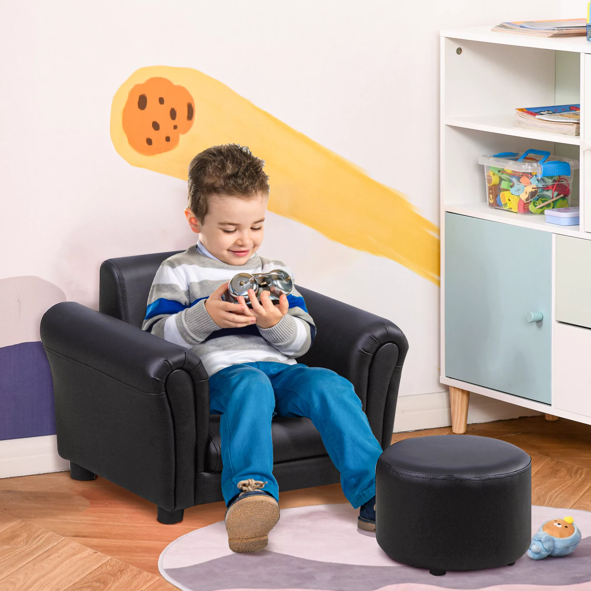 HOMCOM Kindersessel mit Fußhocker  Kindercouch in Schwarz, Minisofa für 3-7 günstig online kaufen