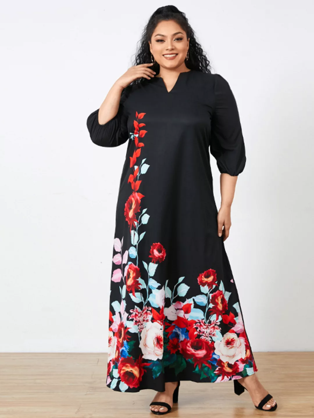 Blumendruck V-Ausschnitt Halbarm Maxi Kleid günstig online kaufen