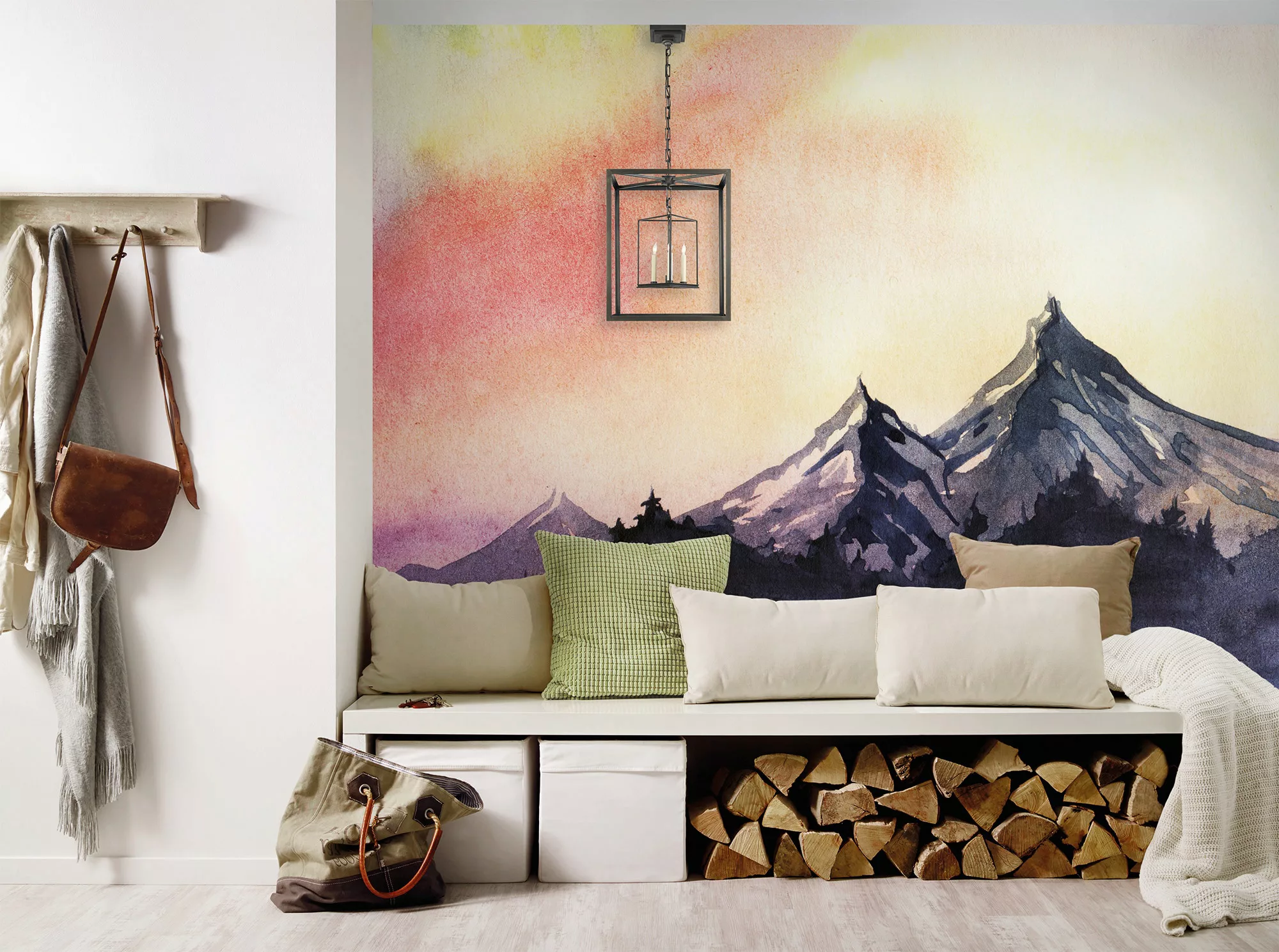 Fototapete Landschaft Berge Gemälde Blau Orange 3,50 m x 2,55 m FSC® günstig online kaufen