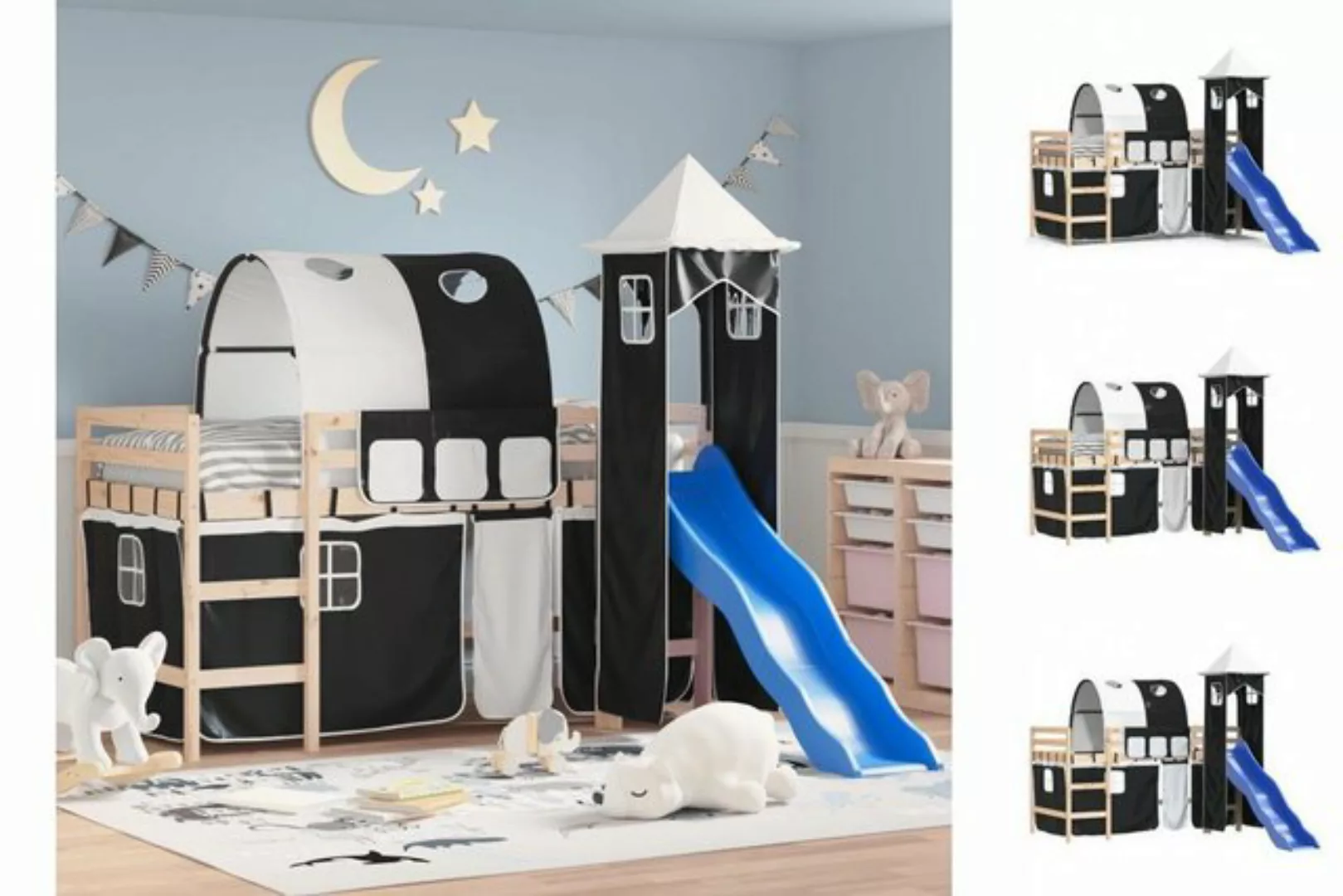 vidaXL Kinderbett Kinderhochbett mit Turm Weiß Schwarz 90x190 cm Kiefernhol günstig online kaufen