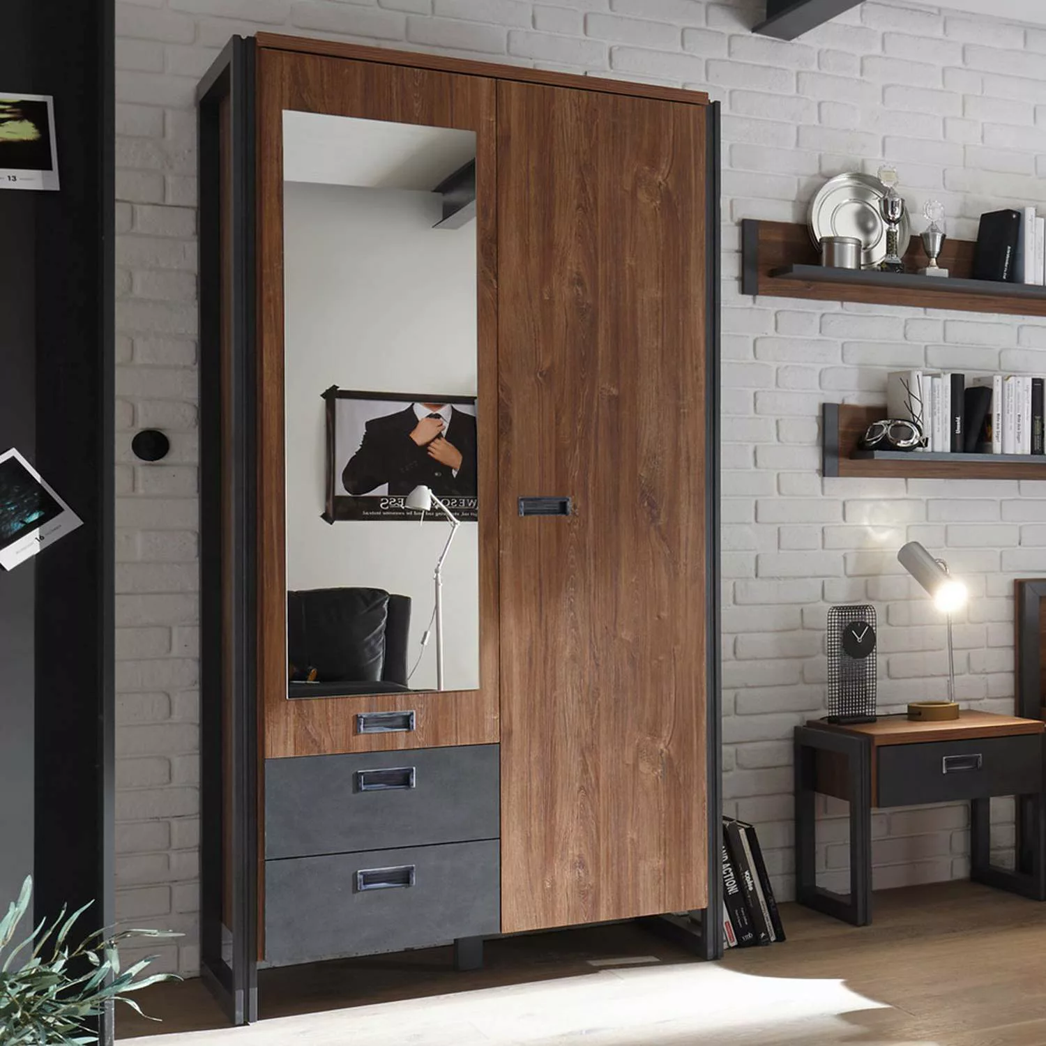 Kleiderschrank Dielenschrank im Industrial Design DALLAS-61 Stirling Oak Nb günstig online kaufen