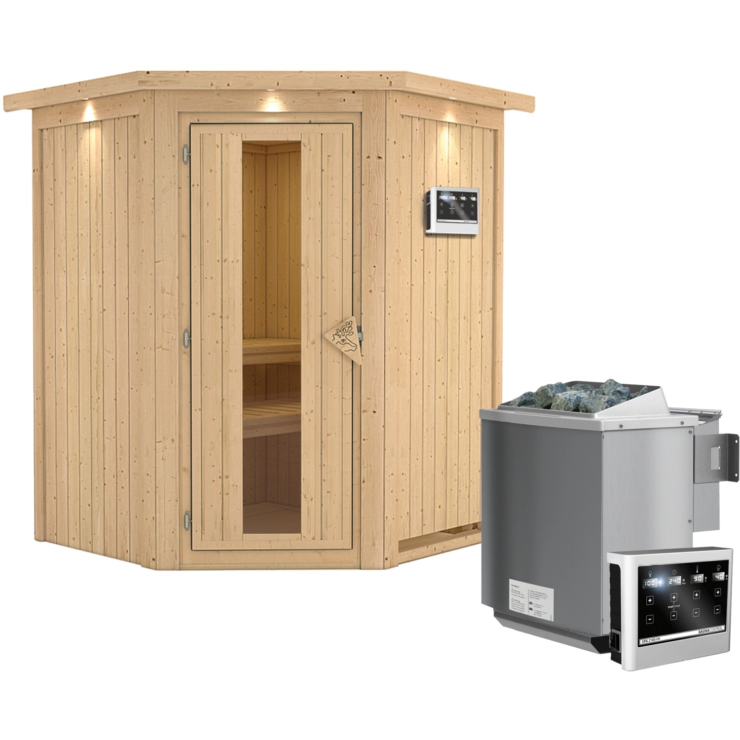 Karibu Sauna Lyra inkl. Bio-Ofen 9 kW ext. Steuerung, Dachkranz, Energiespa günstig online kaufen