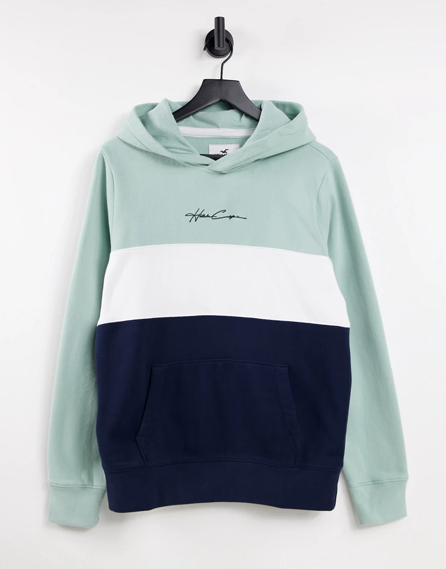 Hollister – Kapuzenpullover in Blau mit Farbblockdesign-Grün günstig online kaufen