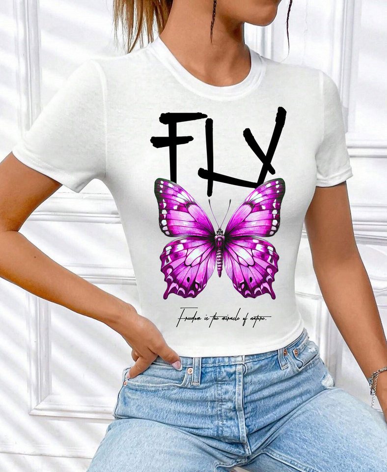 RMK T-Shirt Damen Shirt kurzarm Rundhalsausschnitt Butterfly 100% Baumwolle günstig online kaufen