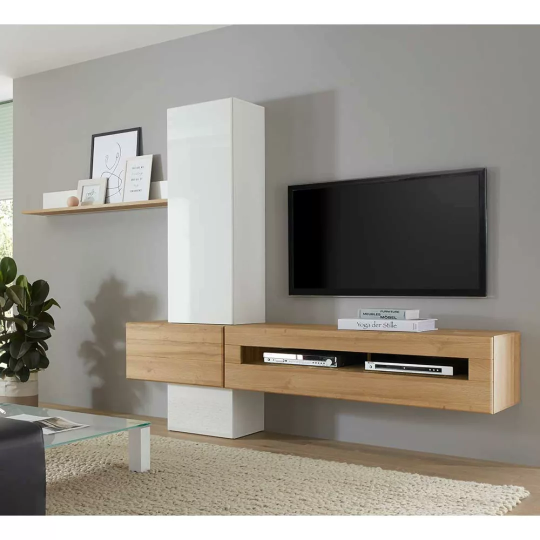 Wohnzimmerschrankwand in Weiß Hochglanz und Wildeiche Optik 210 cm breit (f günstig online kaufen