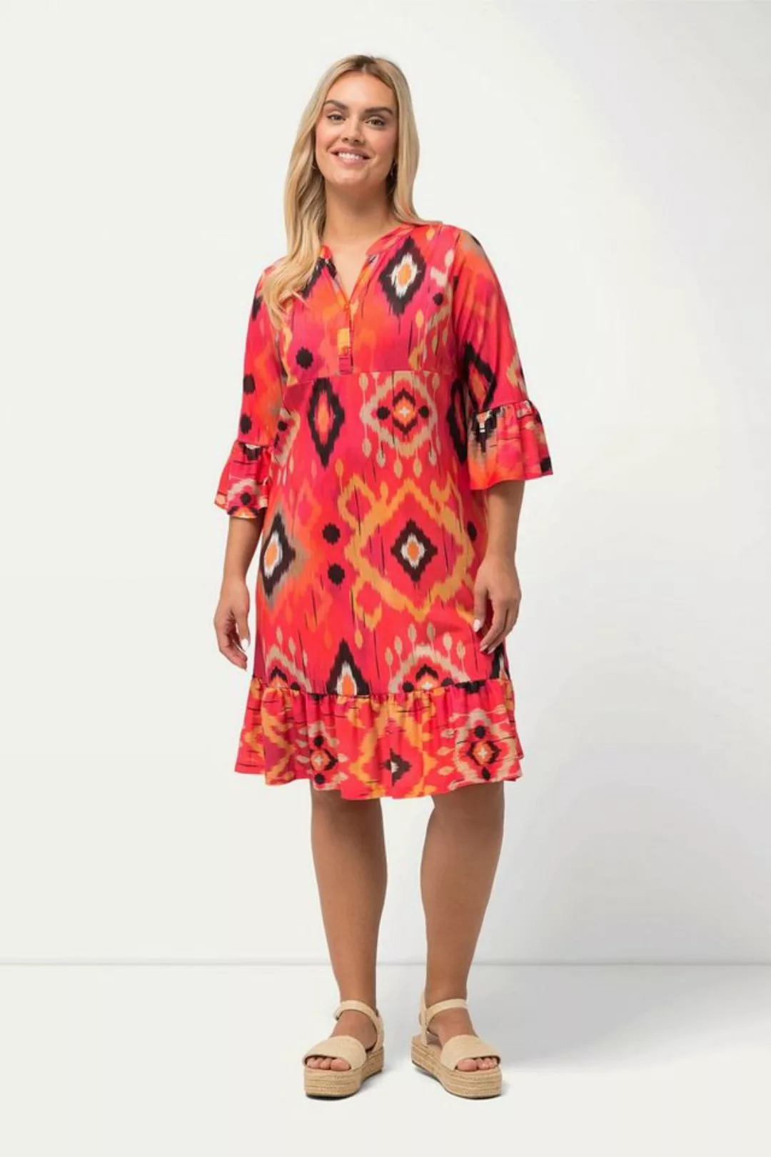 Ulla Popken Sommerkleid Minikleid Ethnomuster A-Linie V-Ausschnitt 3/4-Arm günstig online kaufen