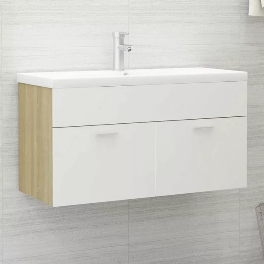Waschbeckenunterschrank Weiß Und Sonoma 90x38,5x46 Cm Spanplatte günstig online kaufen