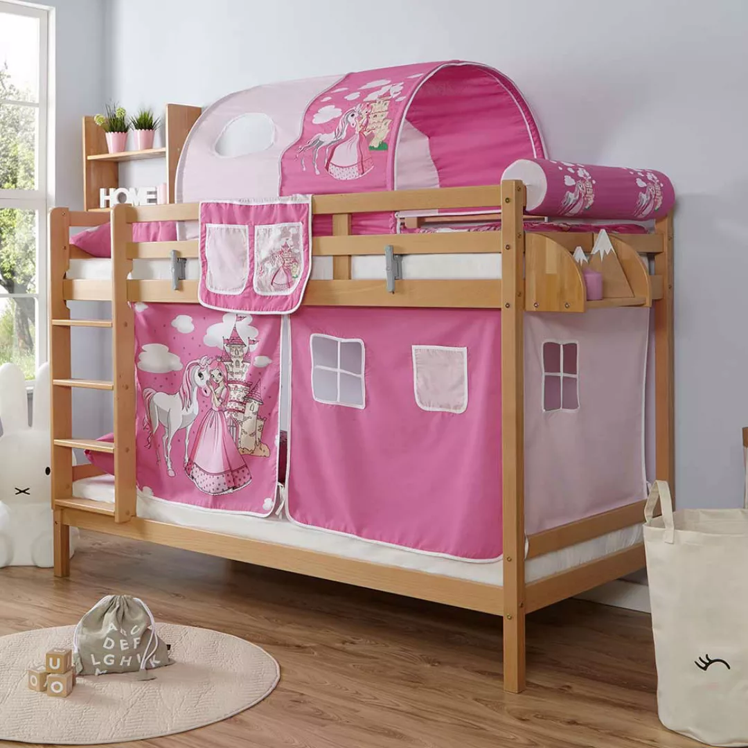 Prinzessin Etagenhochbett aus Buche Massivholz Webstoff in Pink und Rosa günstig online kaufen