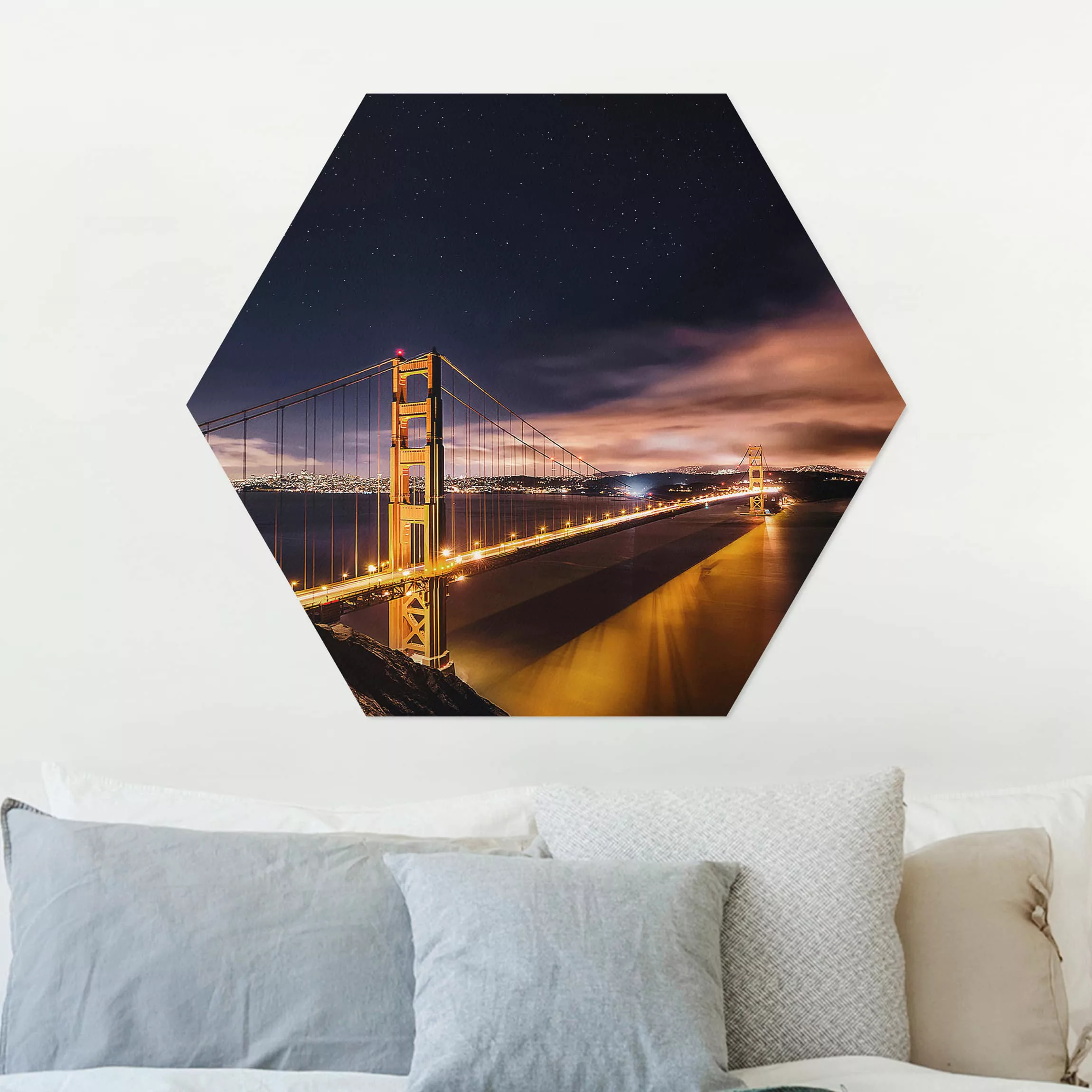 Hexagon-Alu-Dibond Bild Golden Gate to Stars günstig online kaufen