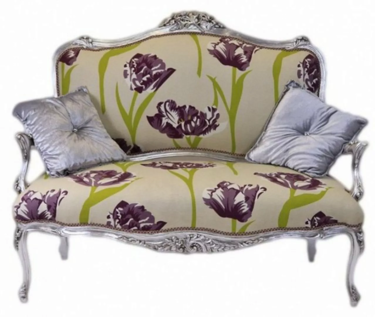 Casa Padrino Sofa Barock Creme Blumen Muster / Silber - italienischer Stil günstig online kaufen