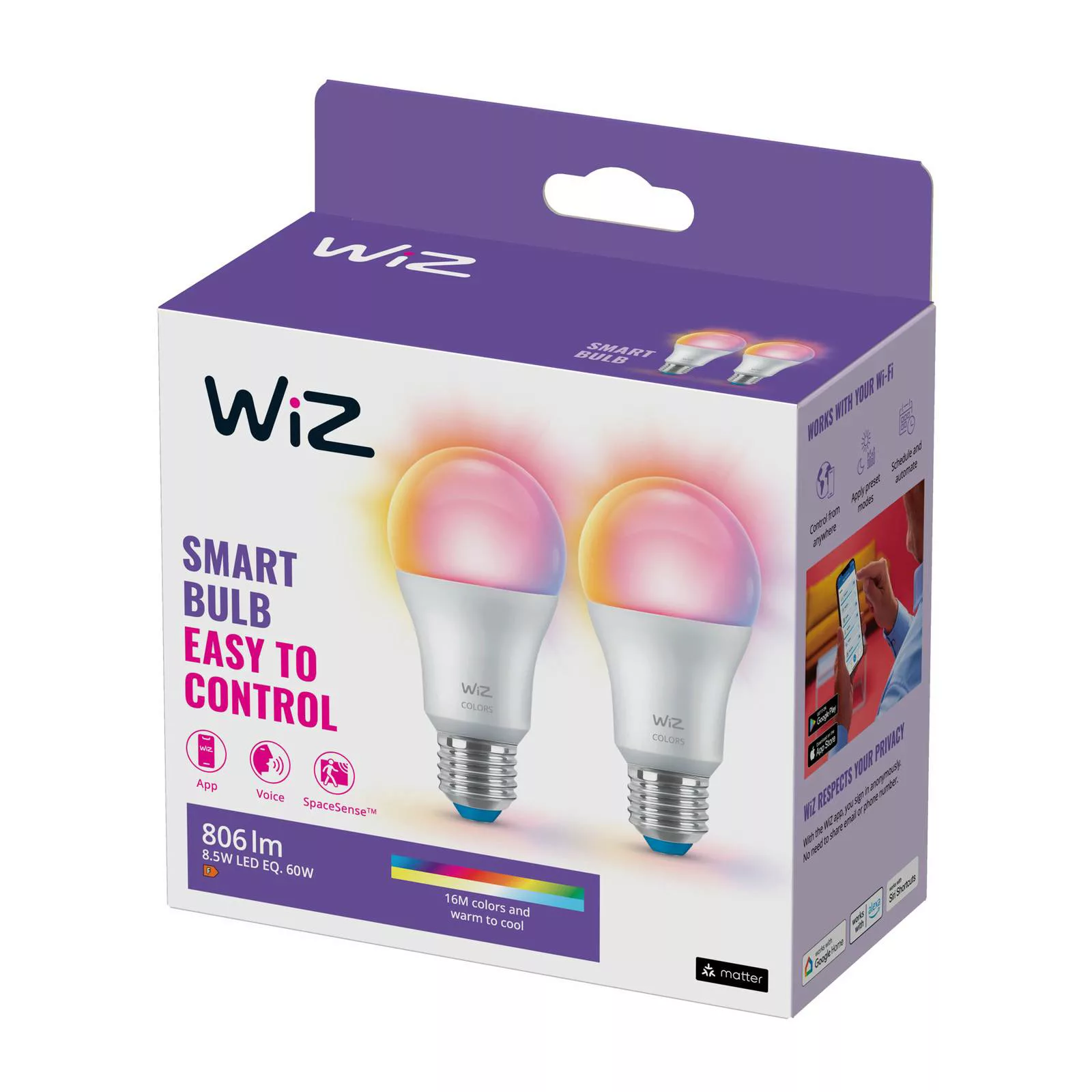 WiZ A60 LED-Lampe matt WiFi E27 8,5W RGBW 2er-Set günstig online kaufen