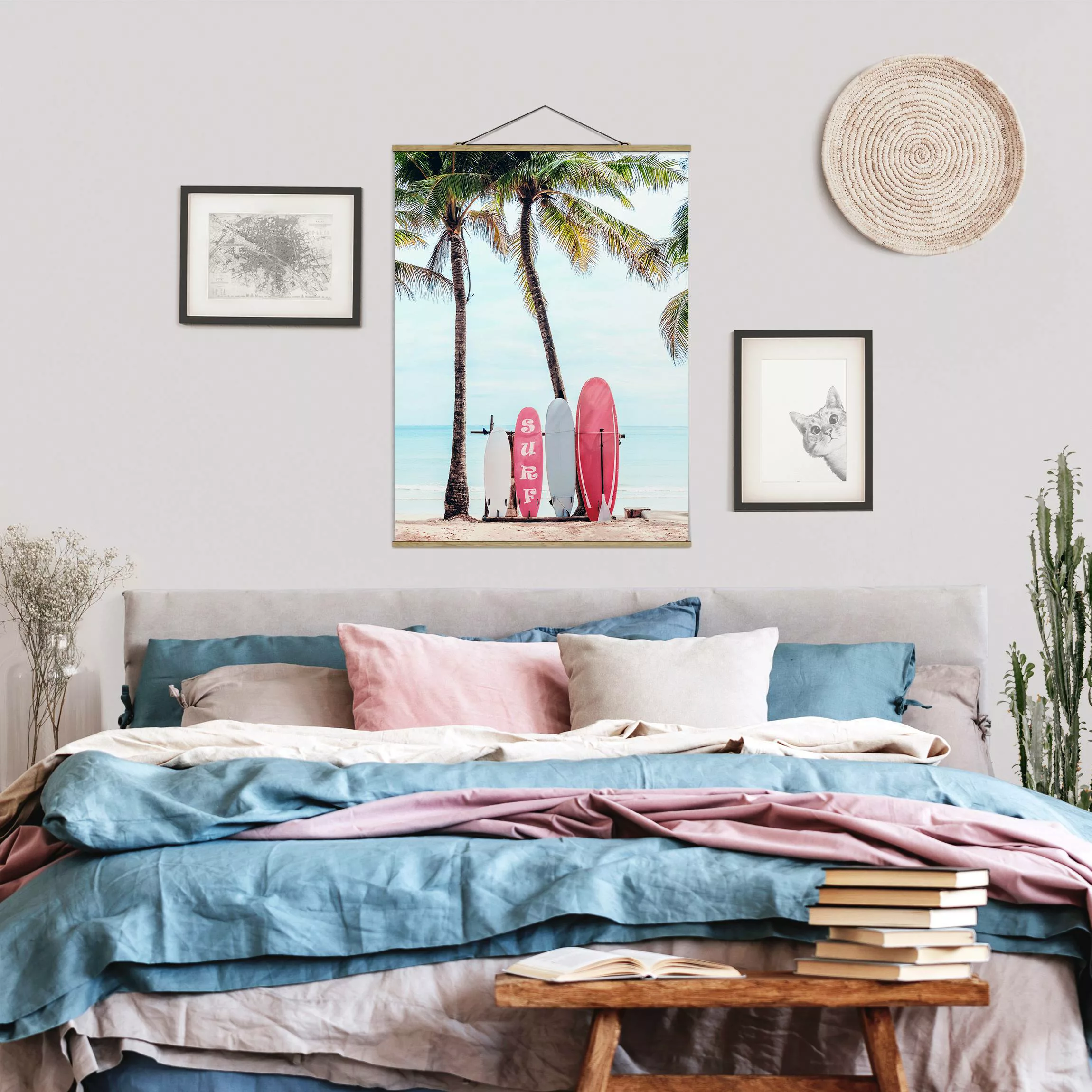 Stoffbild mit Posterleisten Rosa Surfboards unter Palmen günstig online kaufen