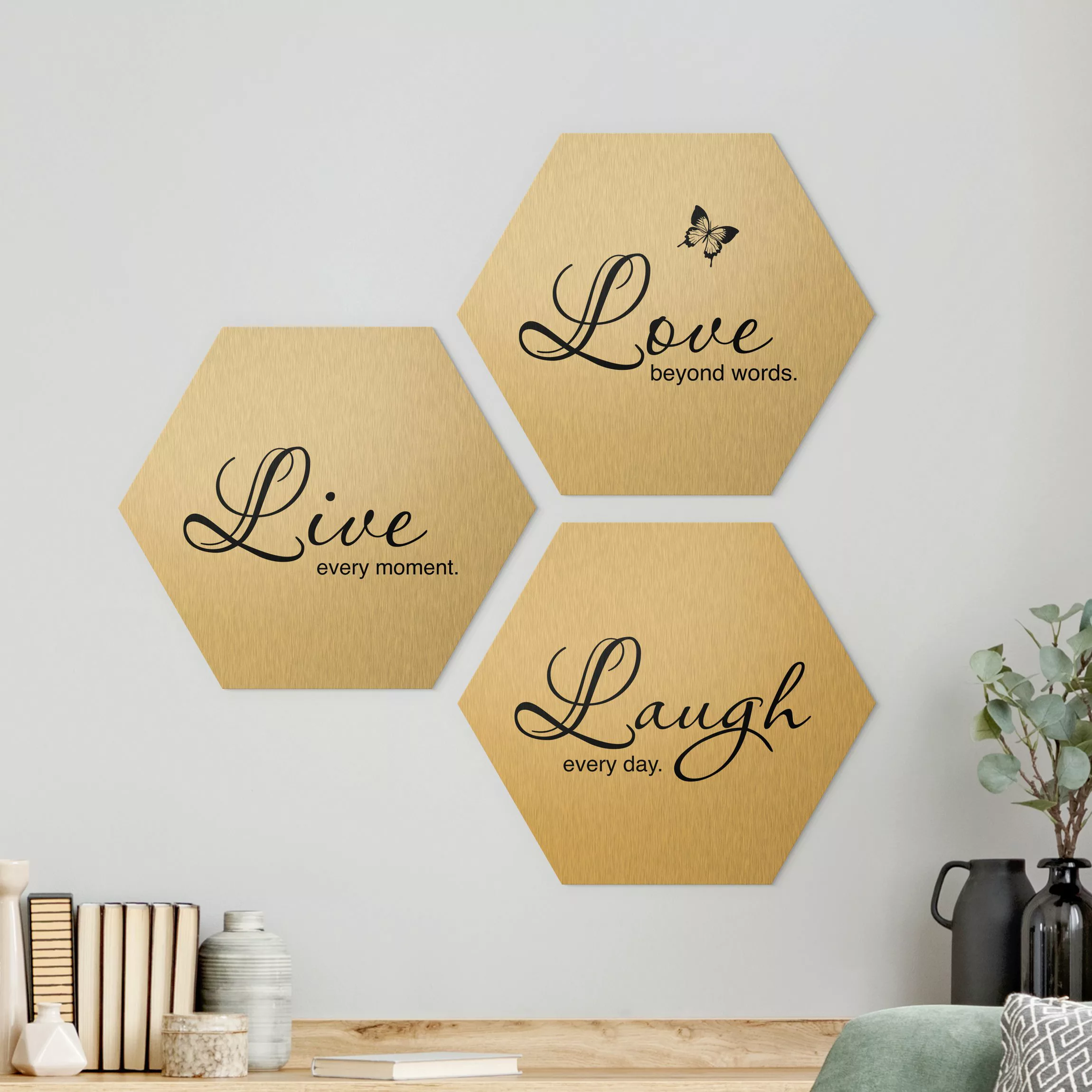 3-teiliges Hexagon-Alu-Dibond Bild Live Laugh Love günstig online kaufen