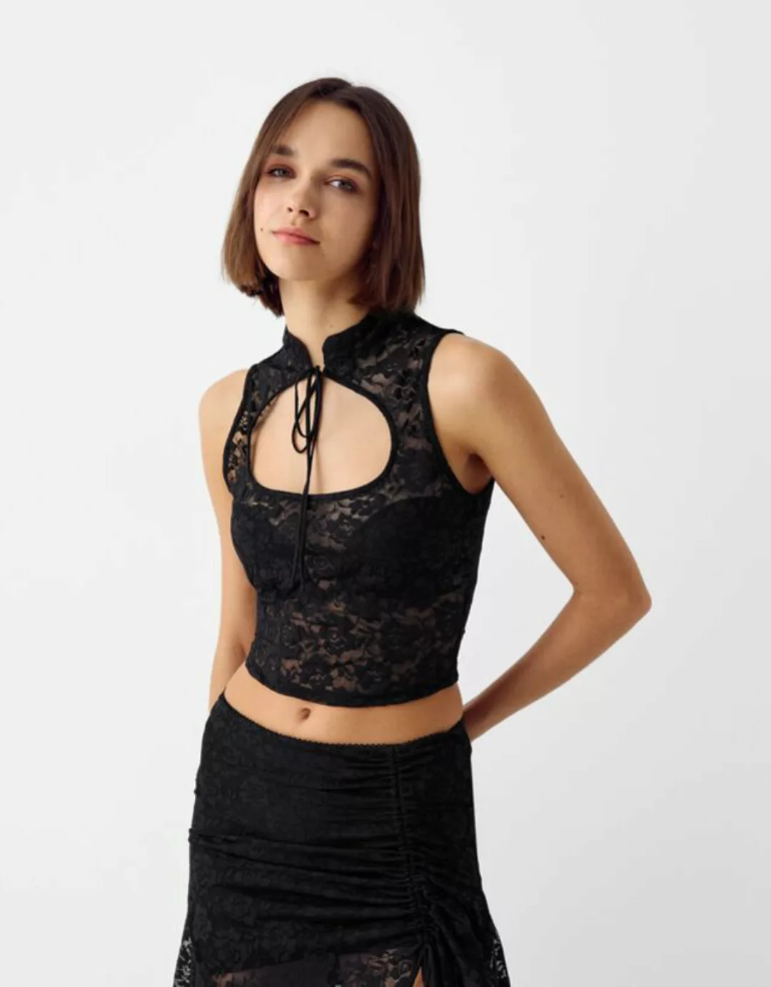 Bershka Top Mit Spitzenkante Damen Xs Schwarz günstig online kaufen