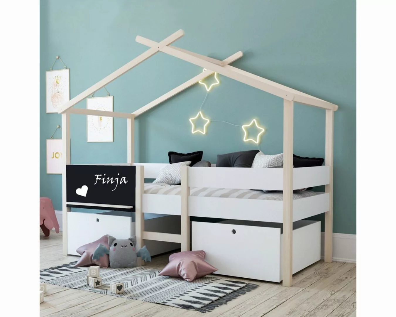 Nature Kid Hausbett Finja Hausbett mit 2 Schubkästen, Weiß/Natur, 90x200 cm günstig online kaufen