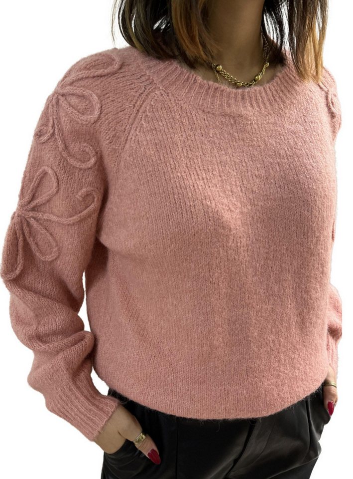 Charis Moda Rundhalspullover Pullover mit Blumendetails an den Ärmeln günstig online kaufen