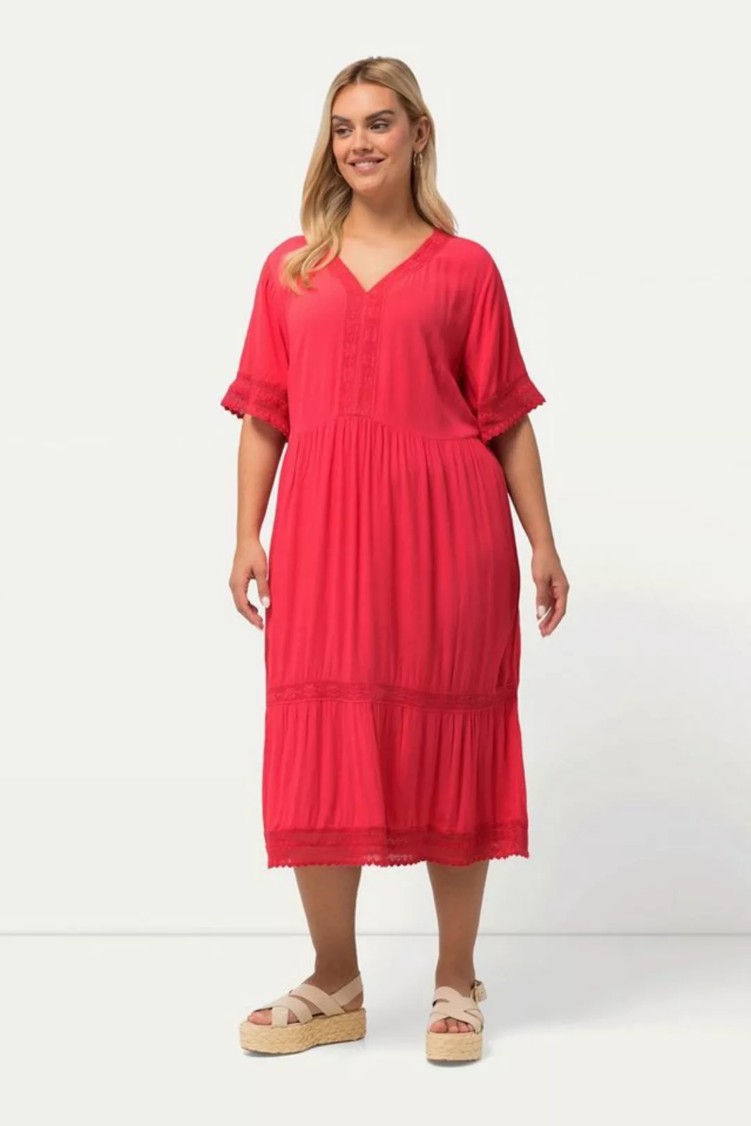 Ulla Popken Sommerkleid Tunika-Midikleid Spitze A-Linie V-Ausschnitt günstig online kaufen