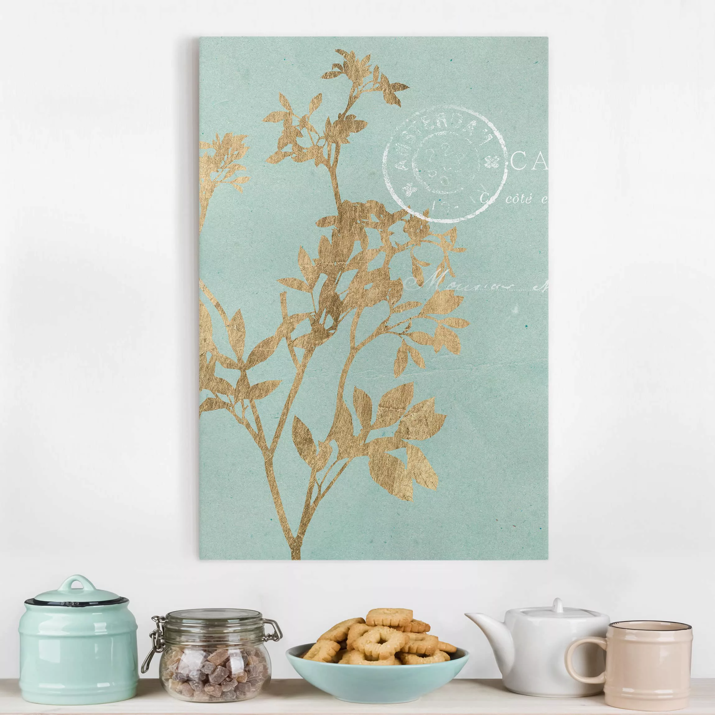 Leinwandbild Spruch - Hochformat Goldene Blätter auf Turquoise I günstig online kaufen
