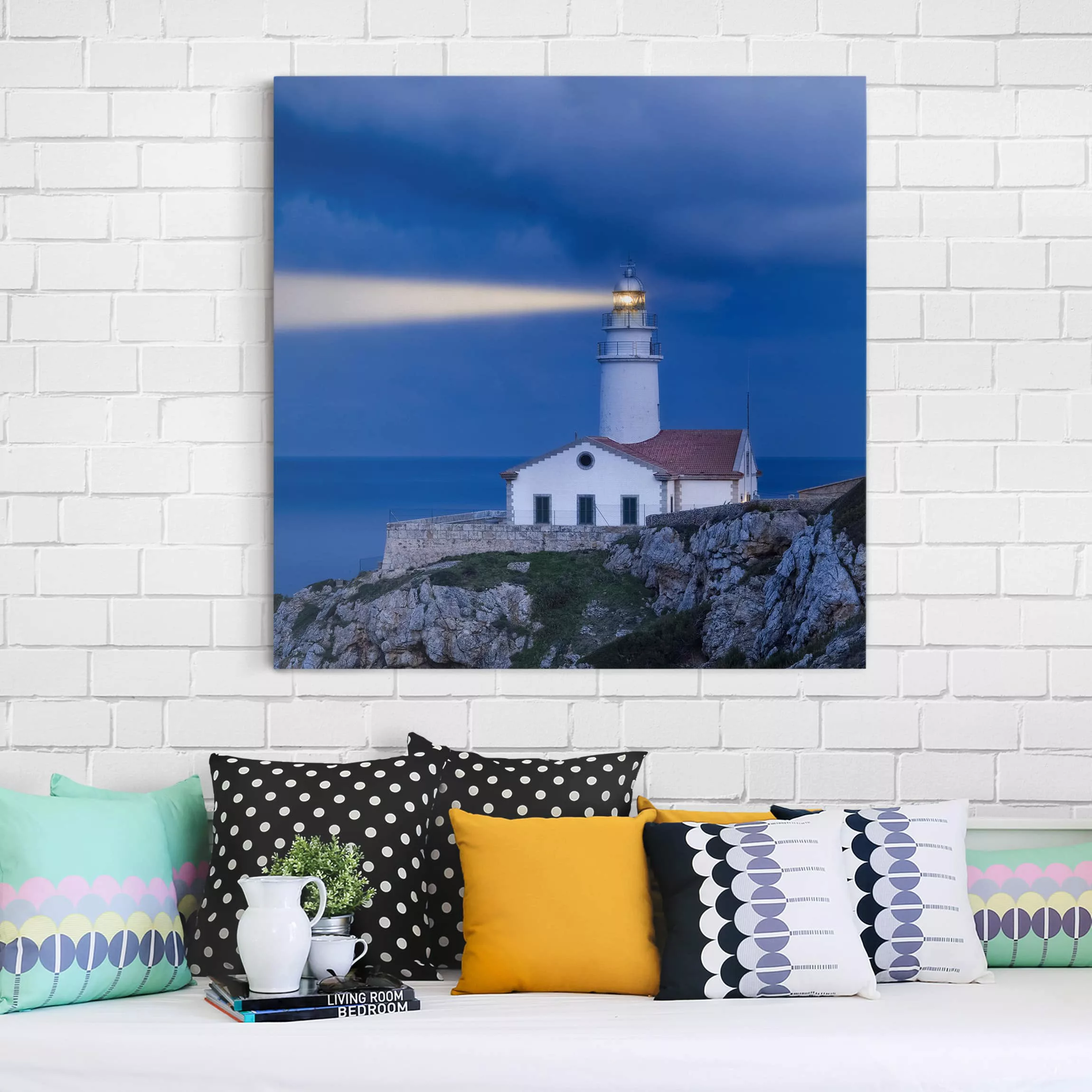 Leinwandbild Strand - Quadrat Lighthouse At Far De Capdepera günstig online kaufen