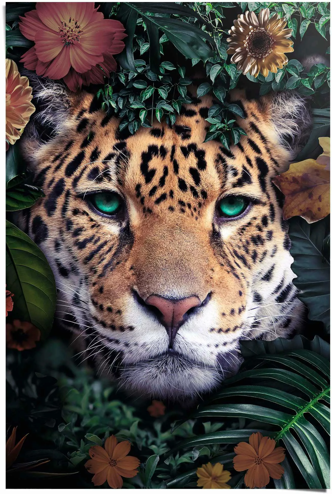 Reinders Poster "Leopard Blumen - Pflanzen - Farbenfroh - Tiermotiv", (1 St günstig online kaufen