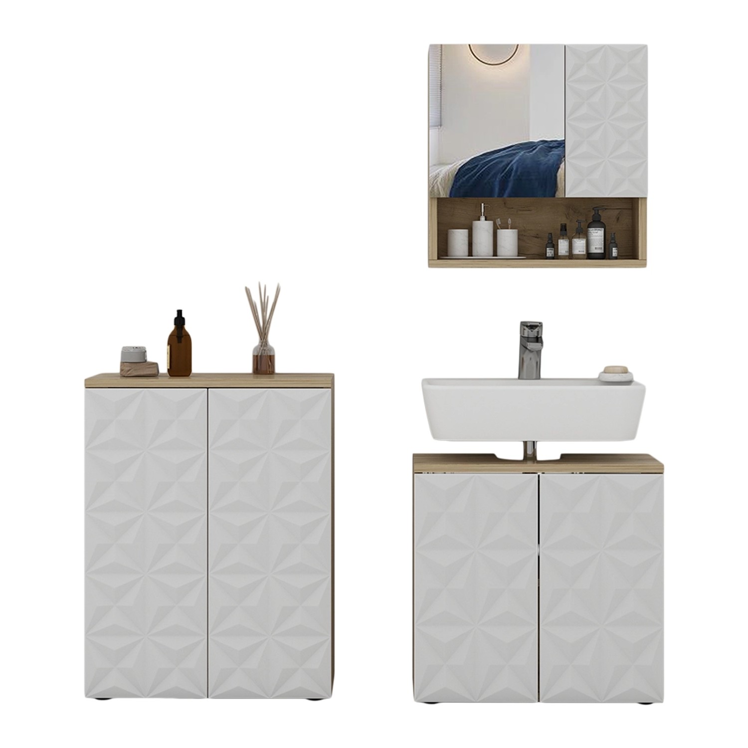 Vicco Badmöbel-Set Edge, Weiß/Eiche, 3 Teile, günstig online kaufen