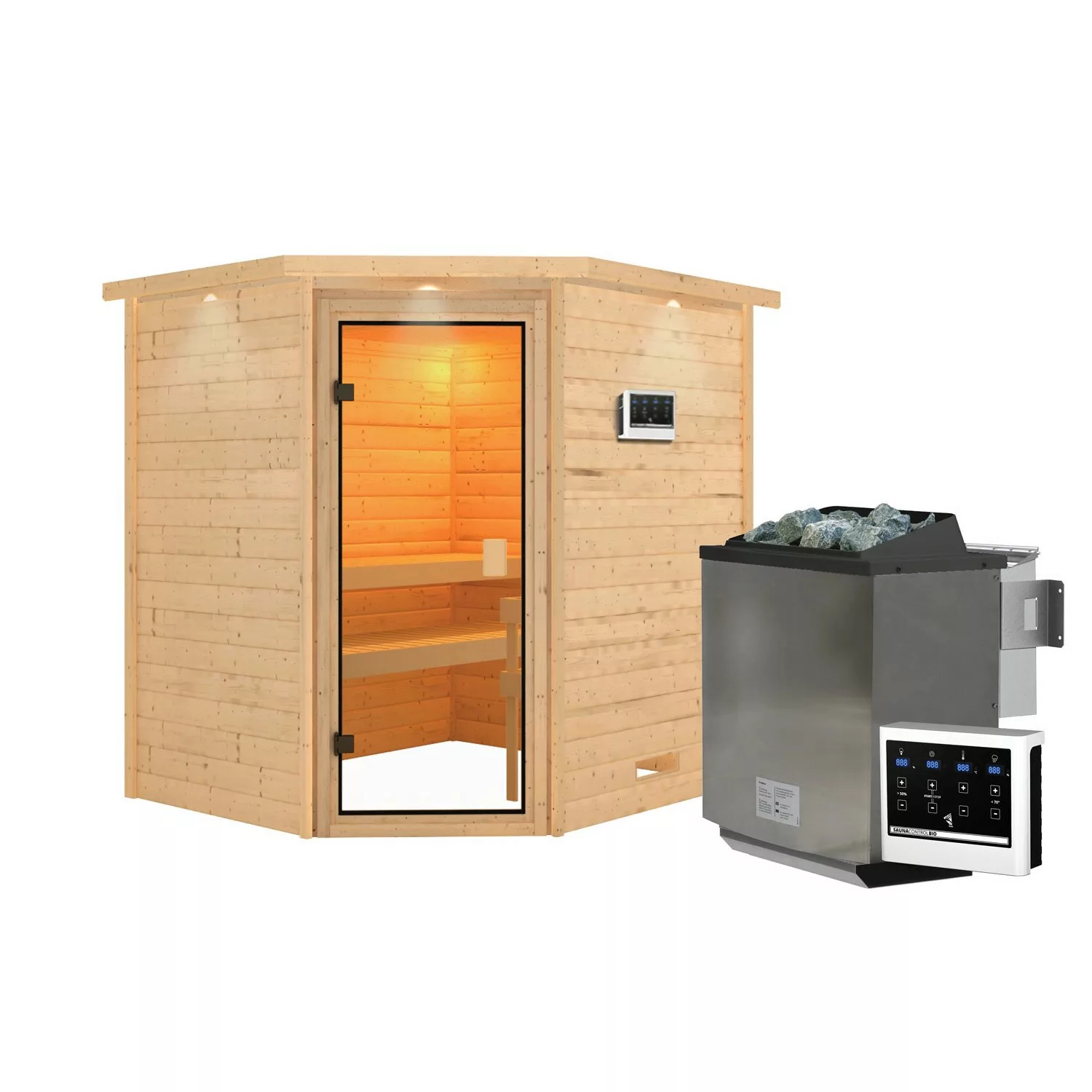 Karibu Sauna Elea mit Kranz Set Naturbelassen mit Ofen 9 kW Bio ext. Steuer günstig online kaufen