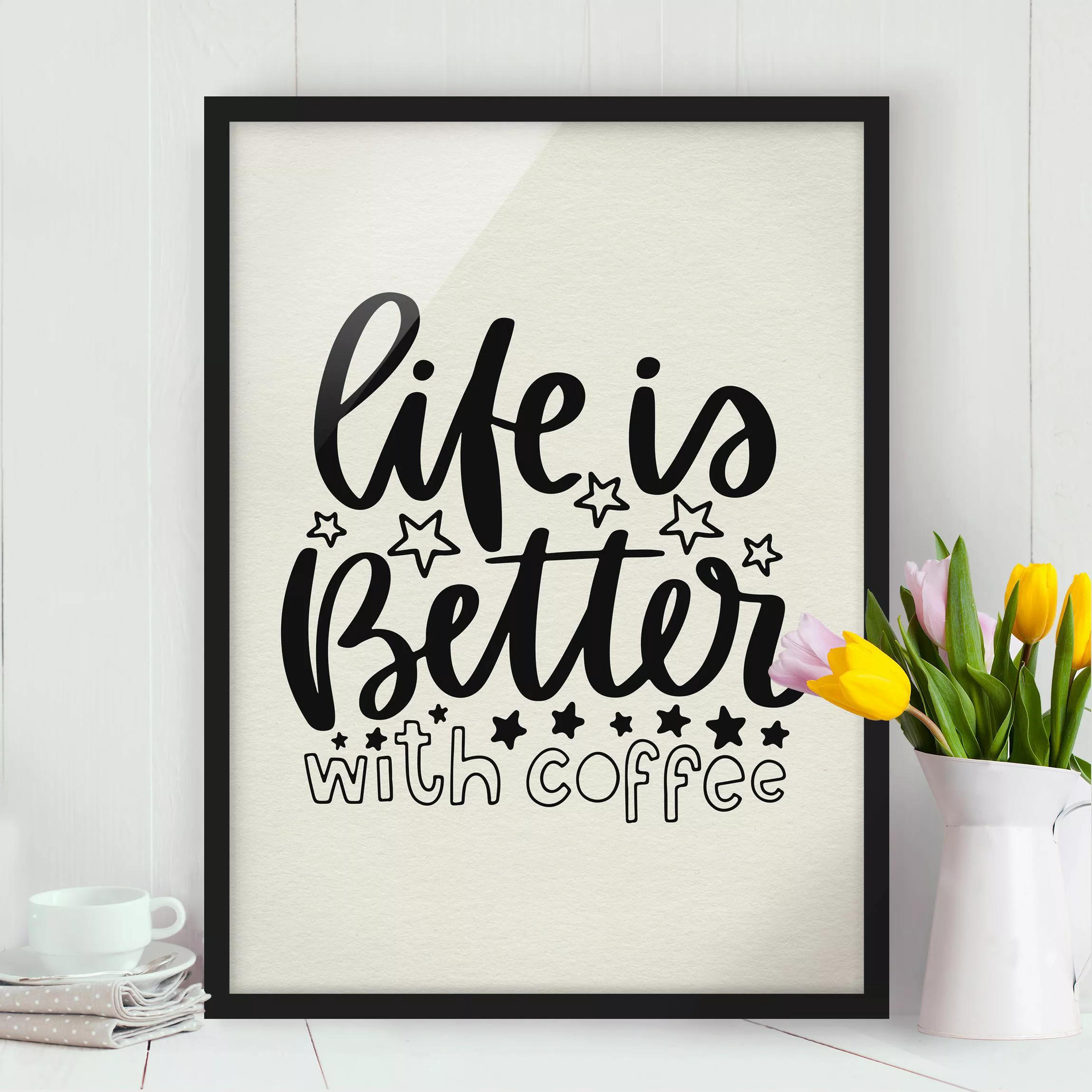 Bild mit Rahmen Spruch - Hochformat life is better with coffee günstig online kaufen