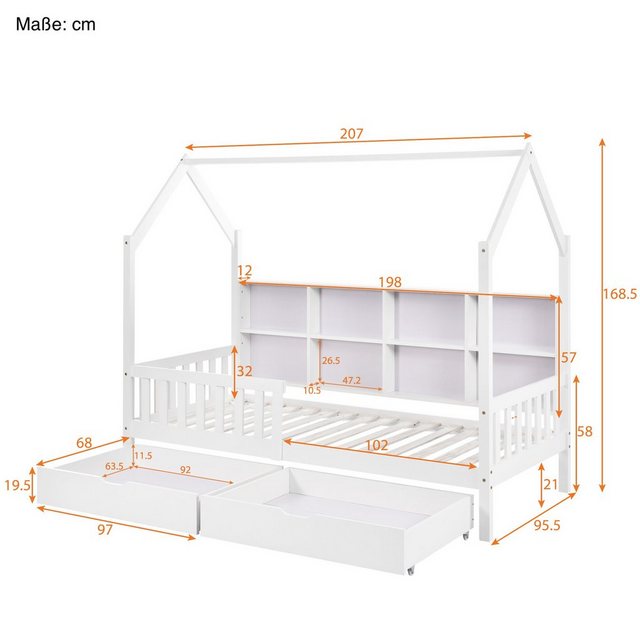 SOFTWEARY Kinderbett Hausbett mit 2 Schubladen und Lattenrost (90x200 cm), günstig online kaufen