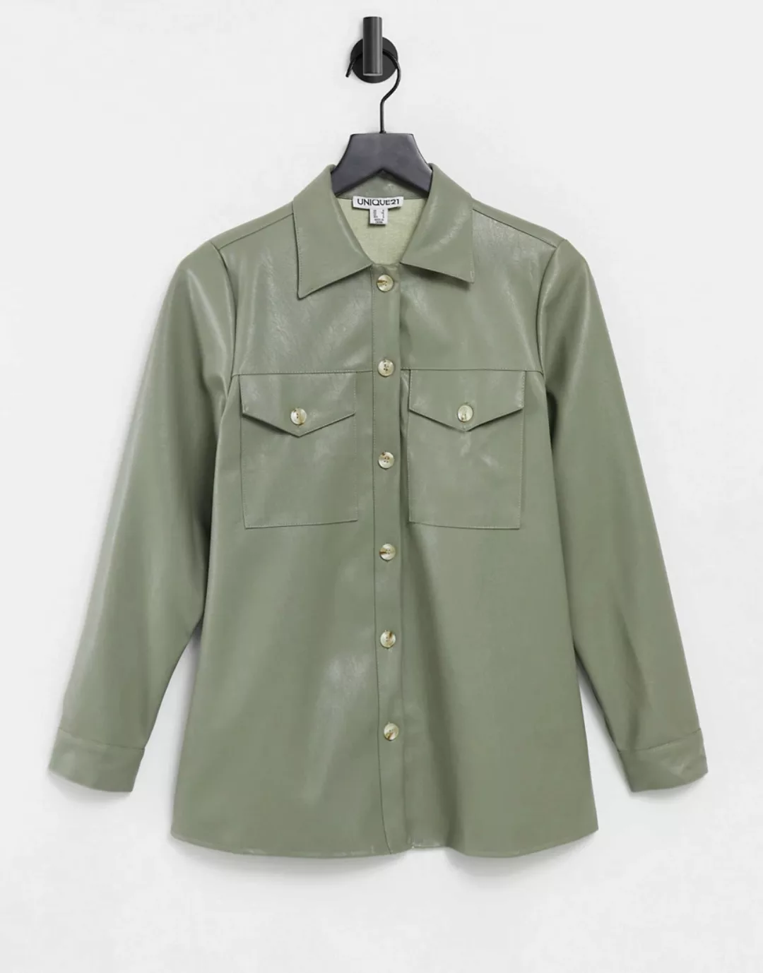 Unique21 – Hemdjacke aus Kunstleder mit geknöpfter Manschette in Khaki-Grün günstig online kaufen