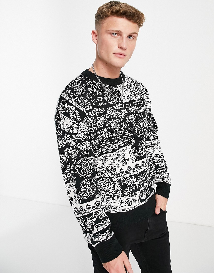 Jack & Jones – Strickpullover mit monochromem Jacquard-Paisleymuster-Schwar günstig online kaufen