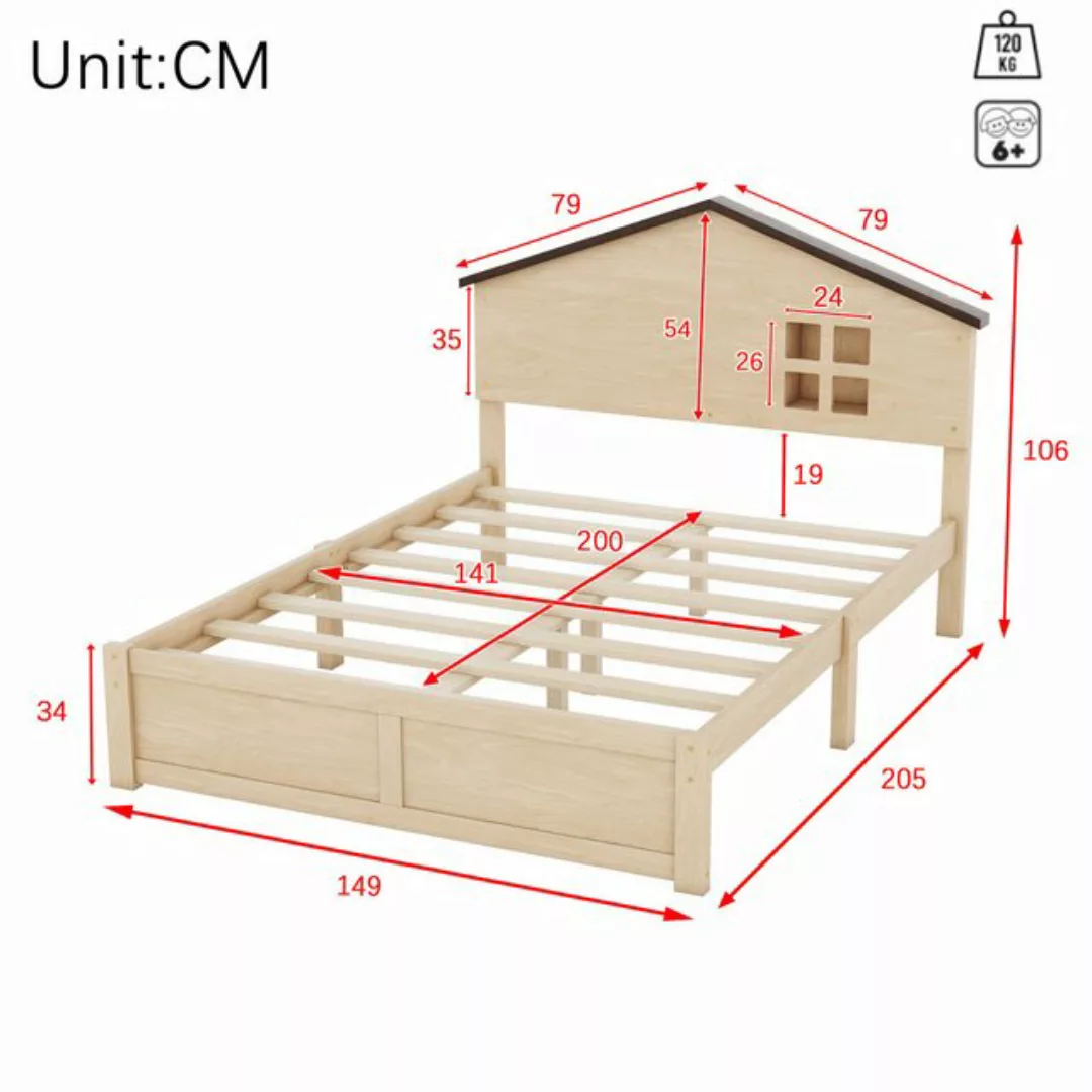 Odikalo Kinderbett Holzbett Hausform Fenster LED-Licht Massivholz Natur/Wei günstig online kaufen