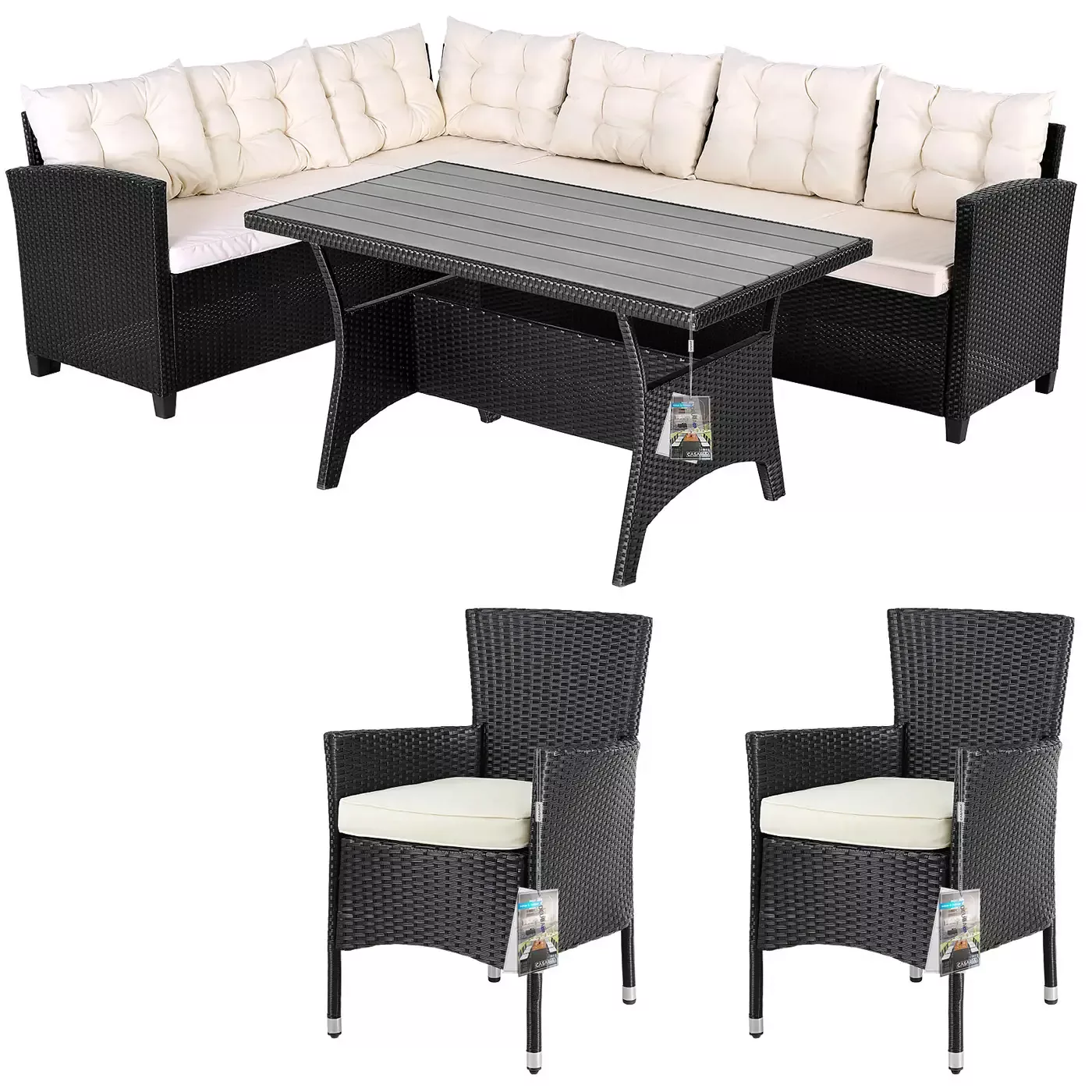 Polyrattan Ecklounge Lissabon Schwarz/Creme inkl. 2 Stühlen günstig online kaufen