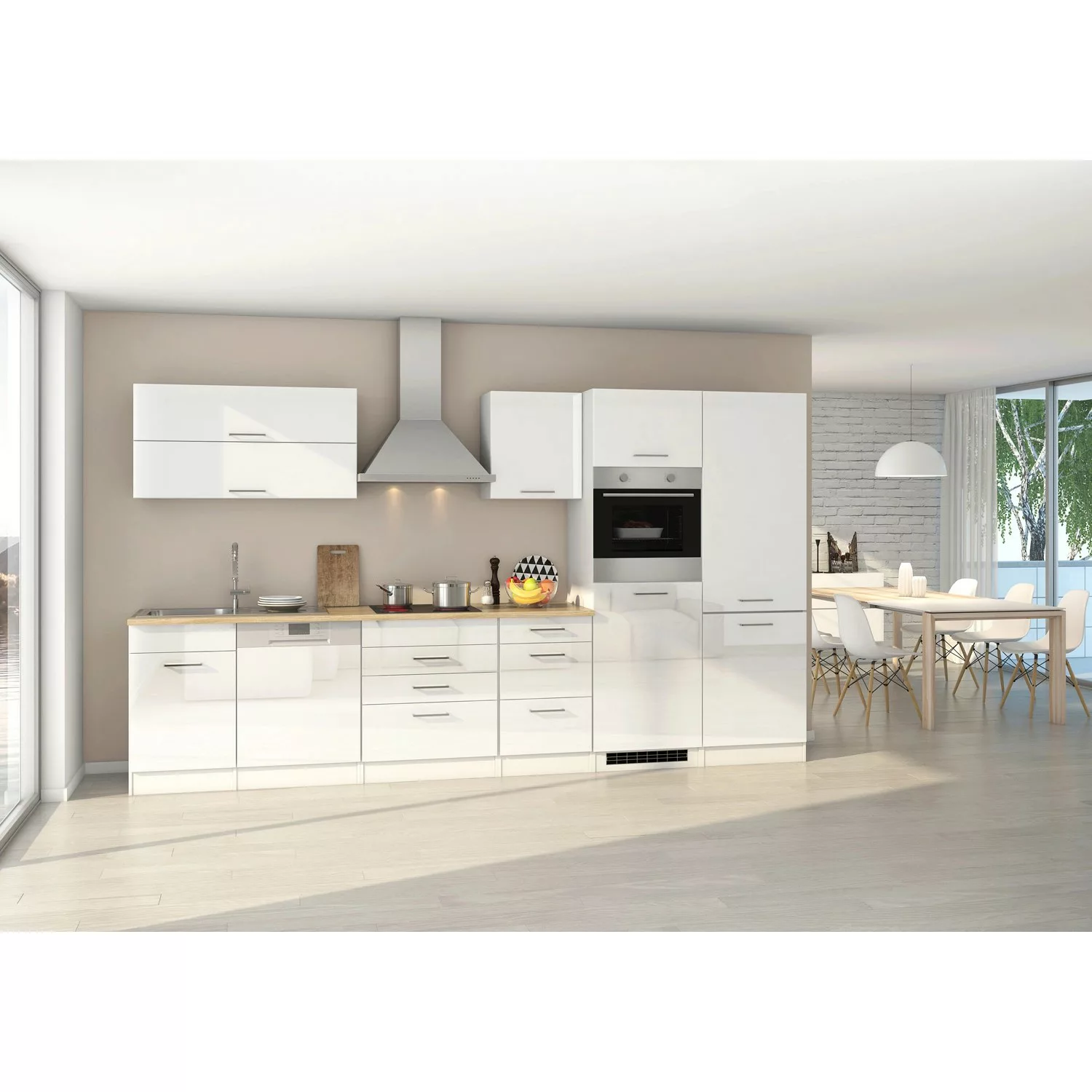 Held Möbel Küchenzeile Mailand 360 cm Weiß Hochglanz-Weiß Matt mit E-Geräte günstig online kaufen