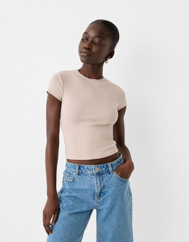 Bershka T-Shirt Mit Rundausschnitt Damen Xl Sandfarbe günstig online kaufen