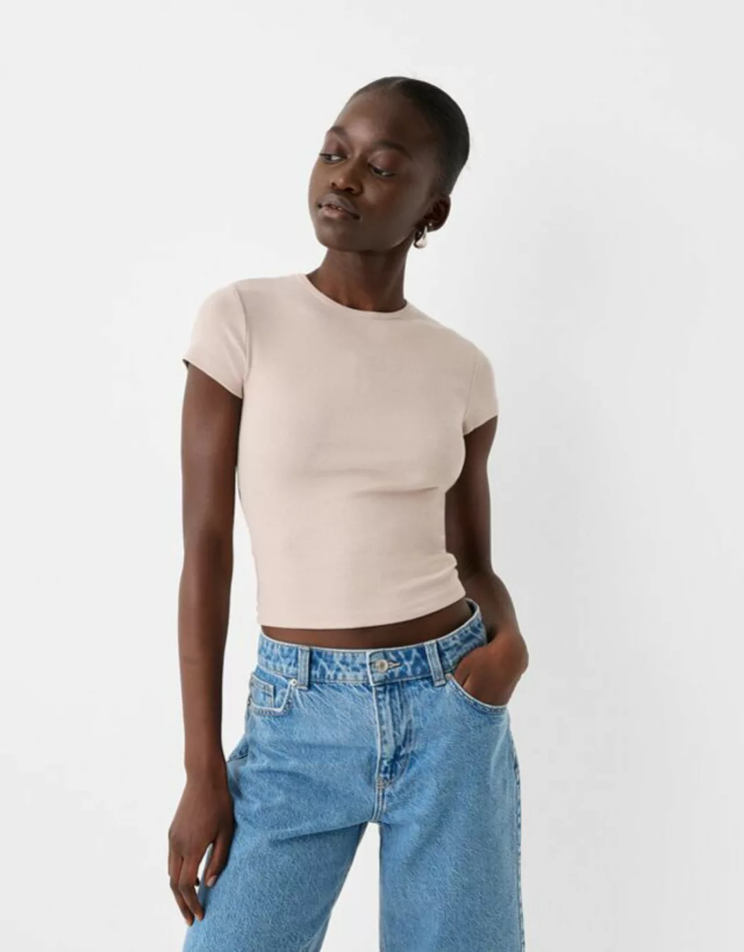 Bershka T-Shirt Mit Rundausschnitt Damen S Sandfarbe günstig online kaufen