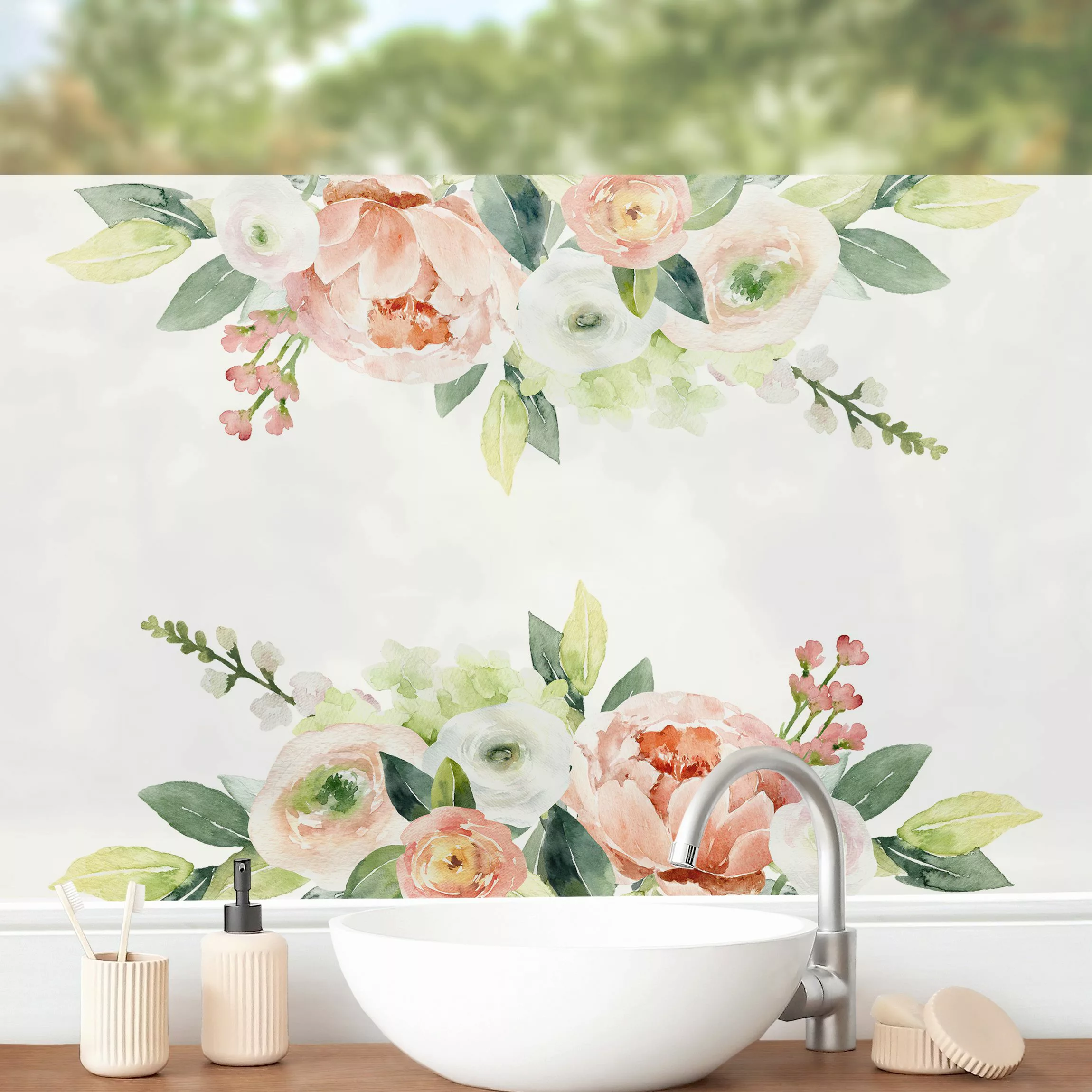 Fensterfolie Aquarell Rosa Blüten Wiese günstig online kaufen