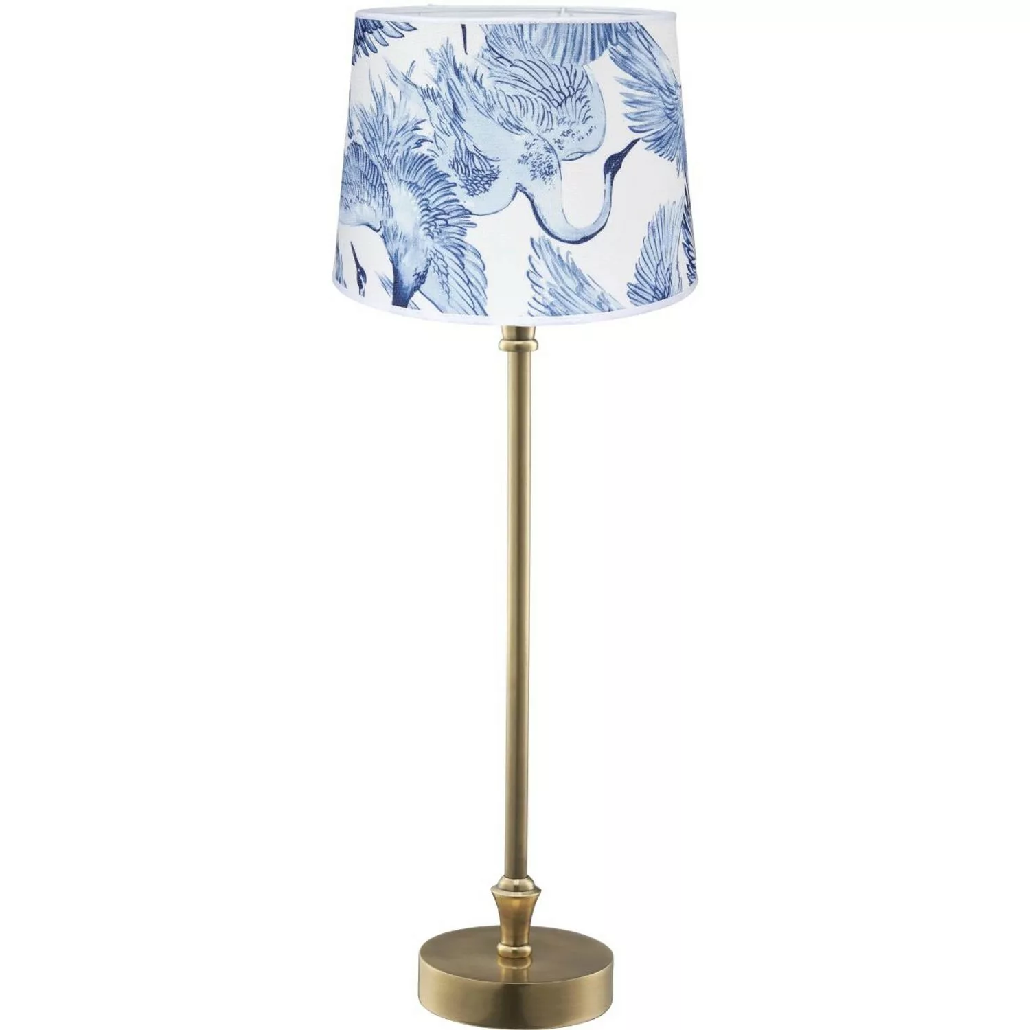 PR Home Liam schmale Fensterbank Tischlampe Messing Textilschirm Blau Vogel günstig online kaufen