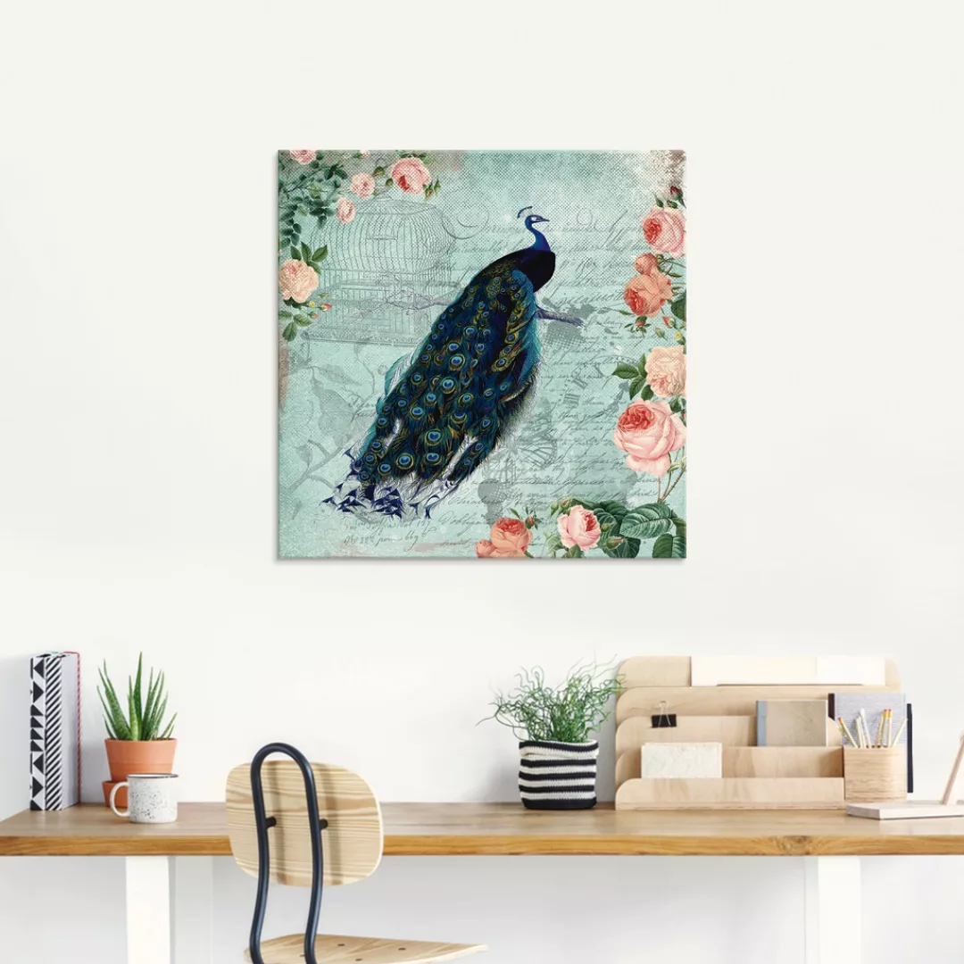 Artland Glasbild "Vintage Rosen und Pfau Illustration", Vögel, (1 St.), in günstig online kaufen