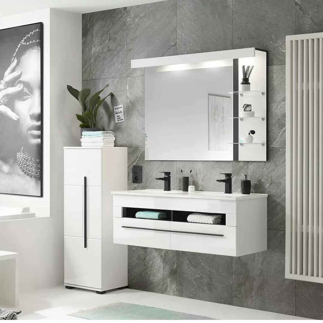 Badmöbel Set in Weiß Hochglanz 2 Waschbecken (dreiteilig) günstig online kaufen