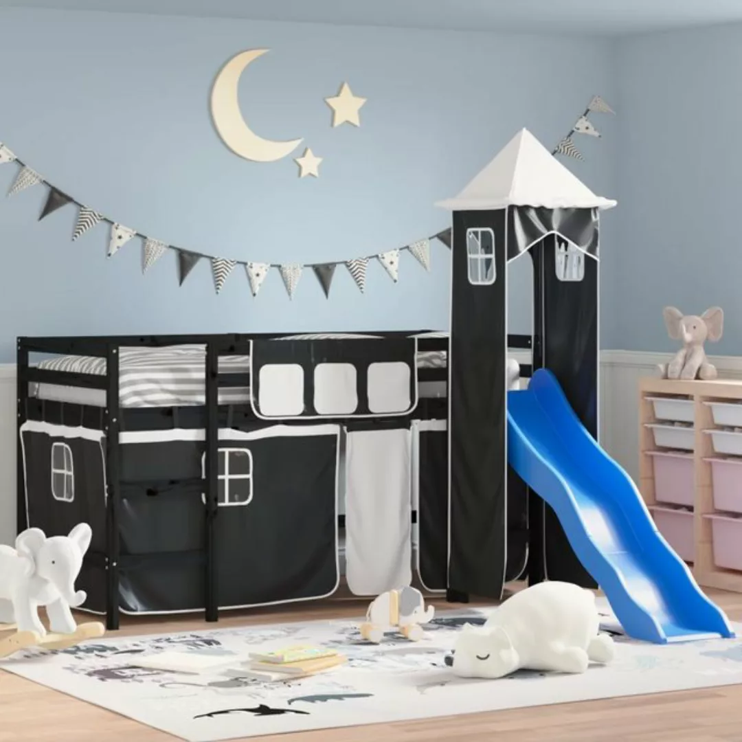 vidaXL Kinderbett Kinderhochbett mit Turm Weiß Schwarz 80x200 cm Kiefernhol günstig online kaufen