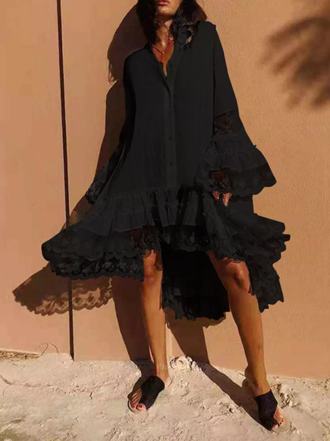Einfarbige Spitze Unregelmäßiger Saumknopf Midi Kleid günstig online kaufen