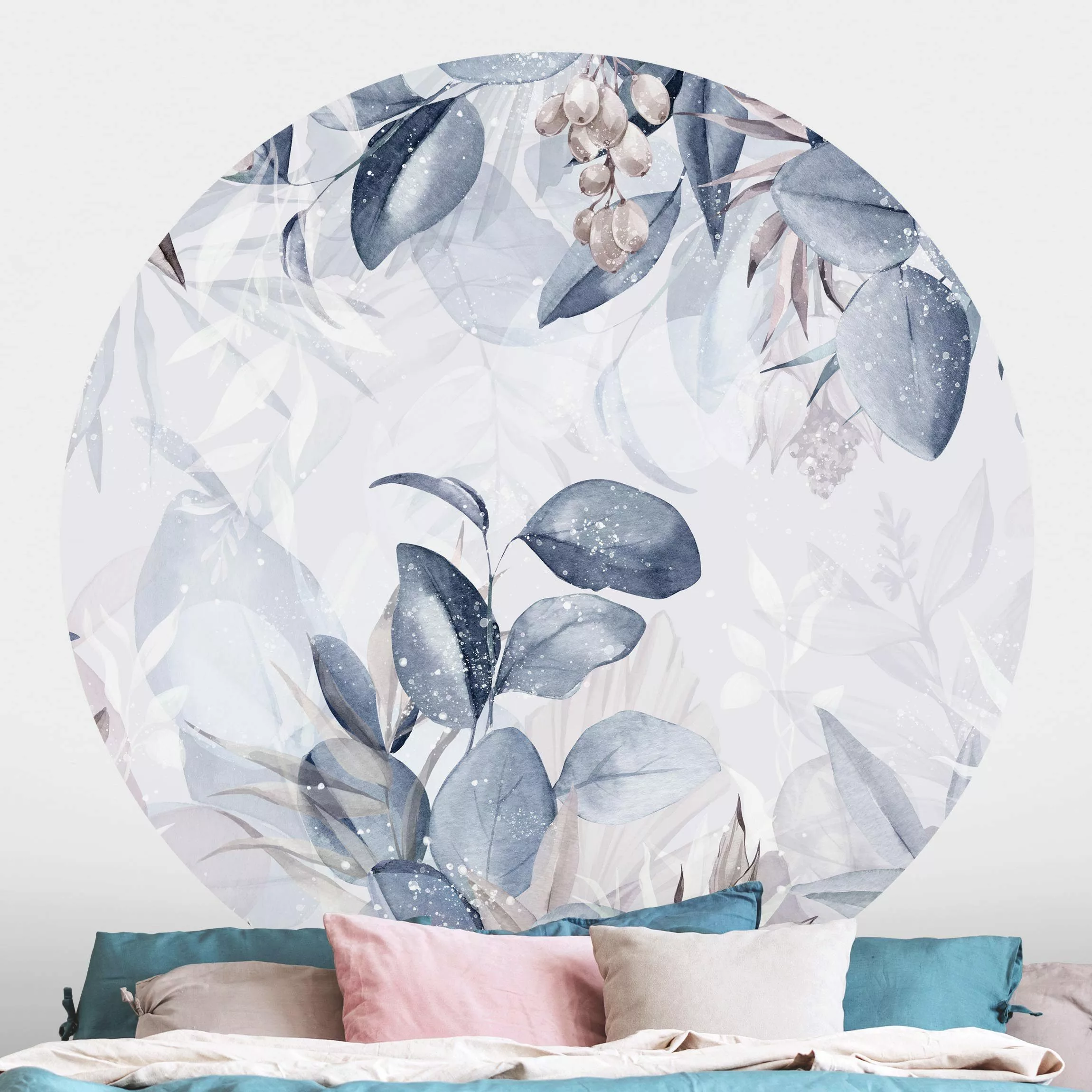 Runde Tapete selbstklebend Botanik in Pastell Blau & Beige günstig online kaufen