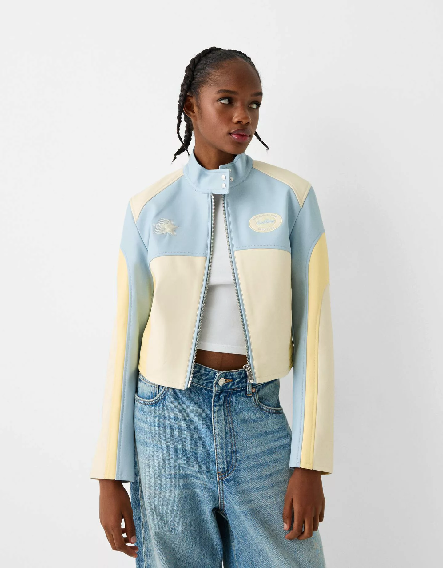 Bershka Kunstlederjacke Mit Stickerei Damen S Gelb günstig online kaufen