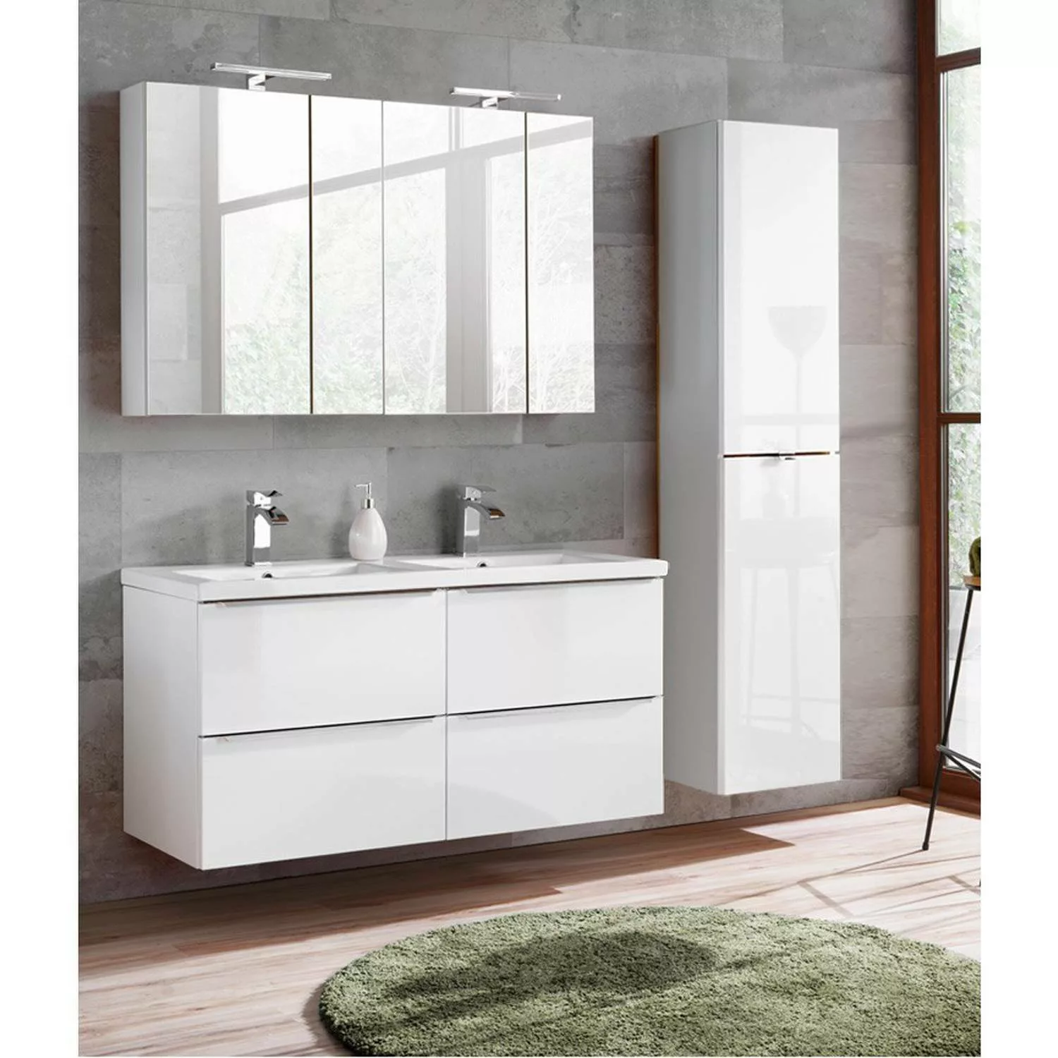 Badmöbel Set mit Doppel-Keramik-Waschtisch und 2 Spiegelschränke TOSKANA-56 günstig online kaufen
