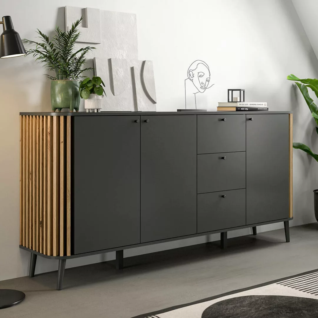 Sideboard grau 177cm mit Eiche Lamellen, PONTS-158 günstig online kaufen