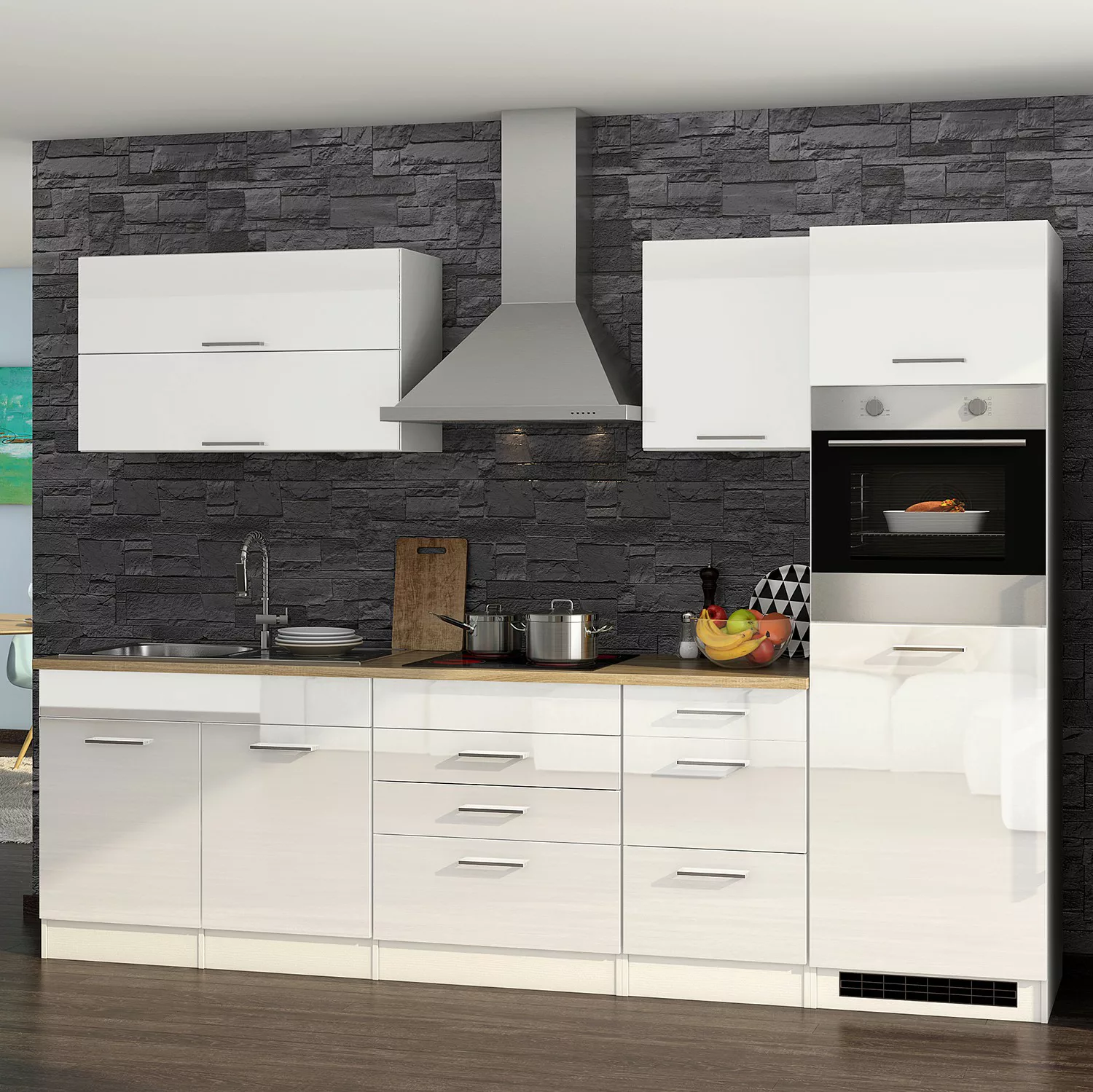 Held Möbel Küchenzeile Mailand 290 cm Grau Hochglanz-Grau Matt mit E-Geräte günstig online kaufen