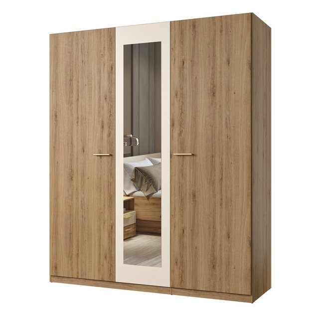 Lomadox Kleiderschrank VARESE-83 Eiche mit beige Griffe goldfarben Spiegel günstig online kaufen