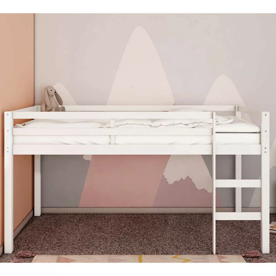 Kinderzimmer Hochbett in Weiß Kiefer Massivholz günstig online kaufen