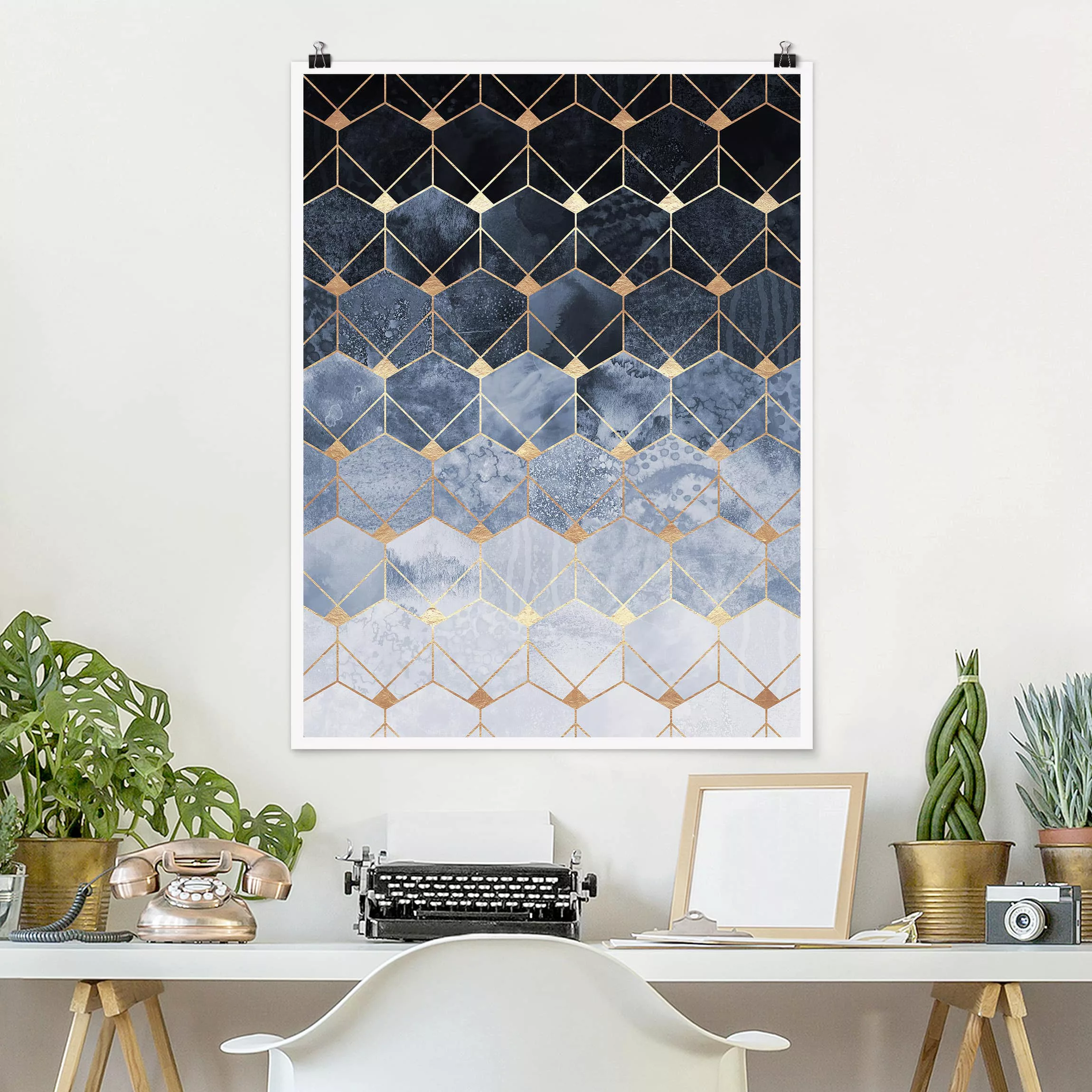 Poster Kunstdruck - Hochformat Blaue Geometrie goldenes Art Deco günstig online kaufen